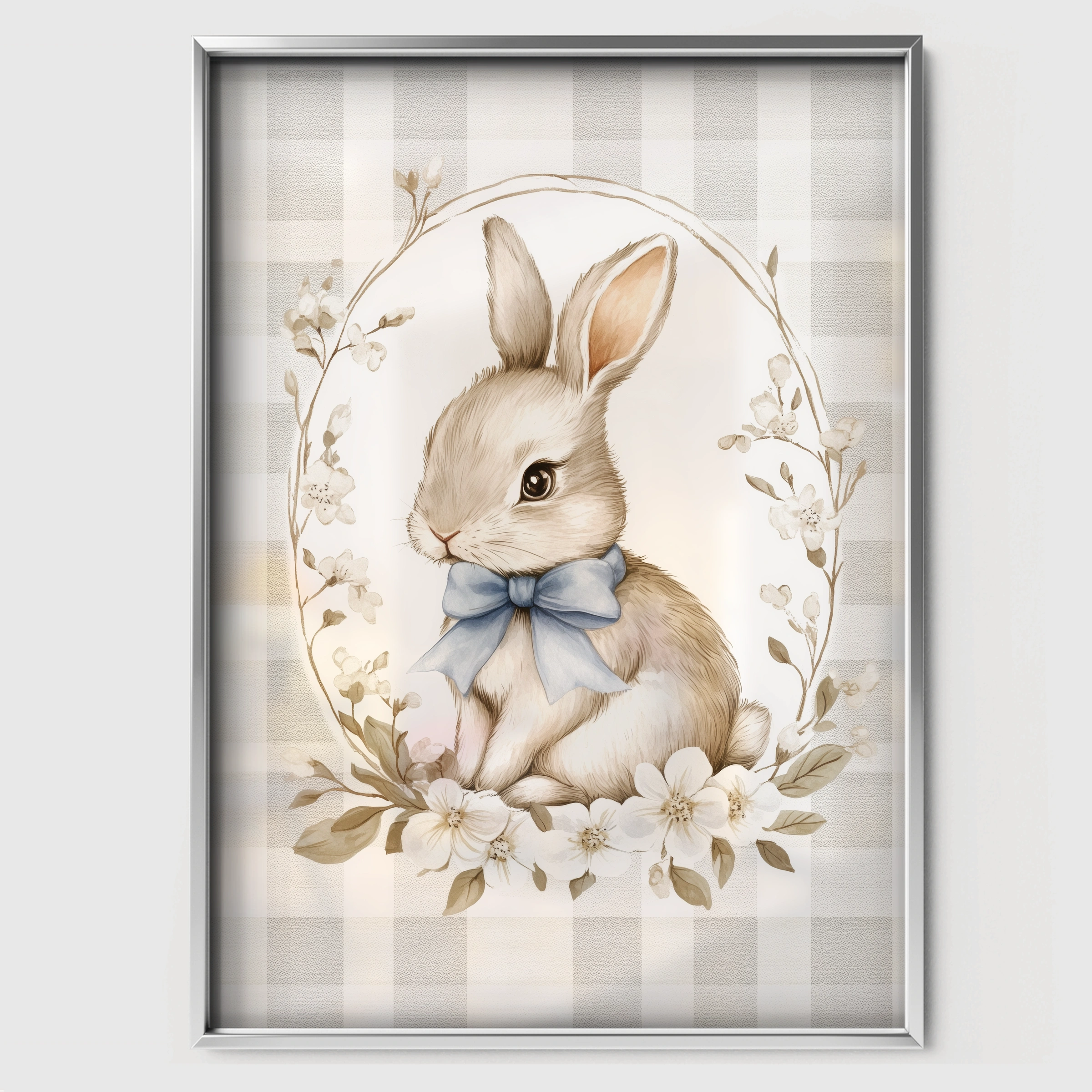Bunny with a Bow Nursery Print - white framed nursery wall art print