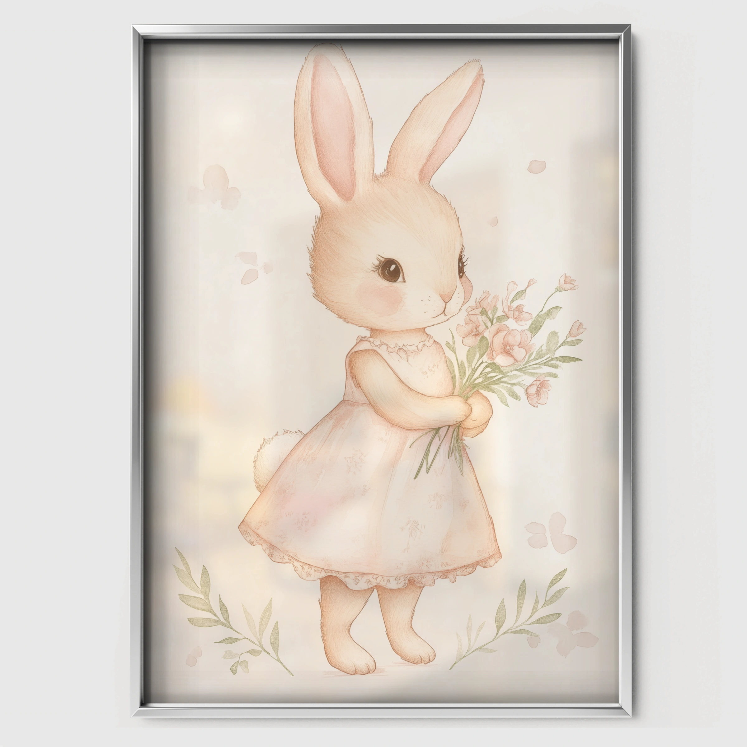 Bunny with a Posy Nursery Print - white framed nursery wall art print
