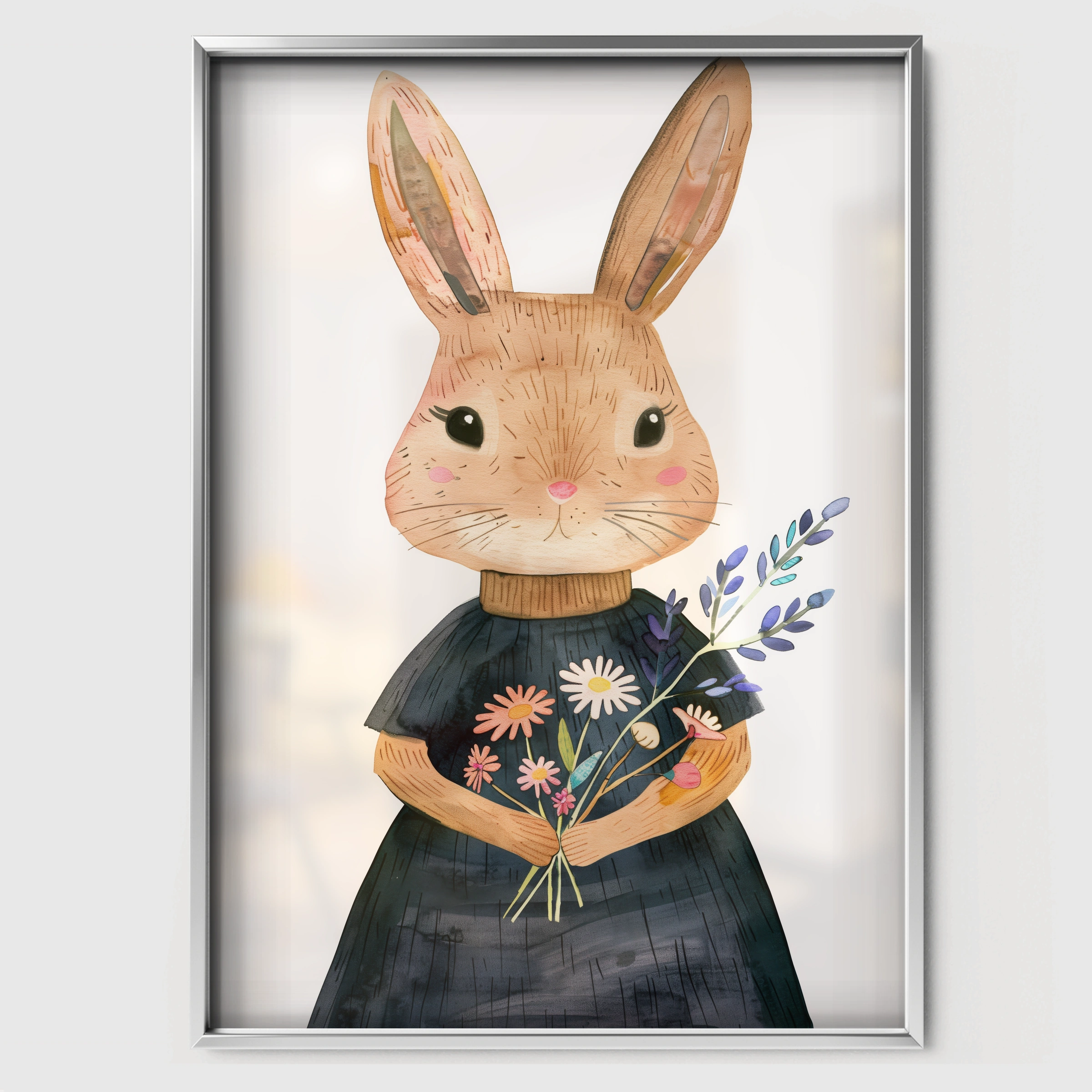 Bunny with Flowers Nursery Print - white framed nursery wall art print