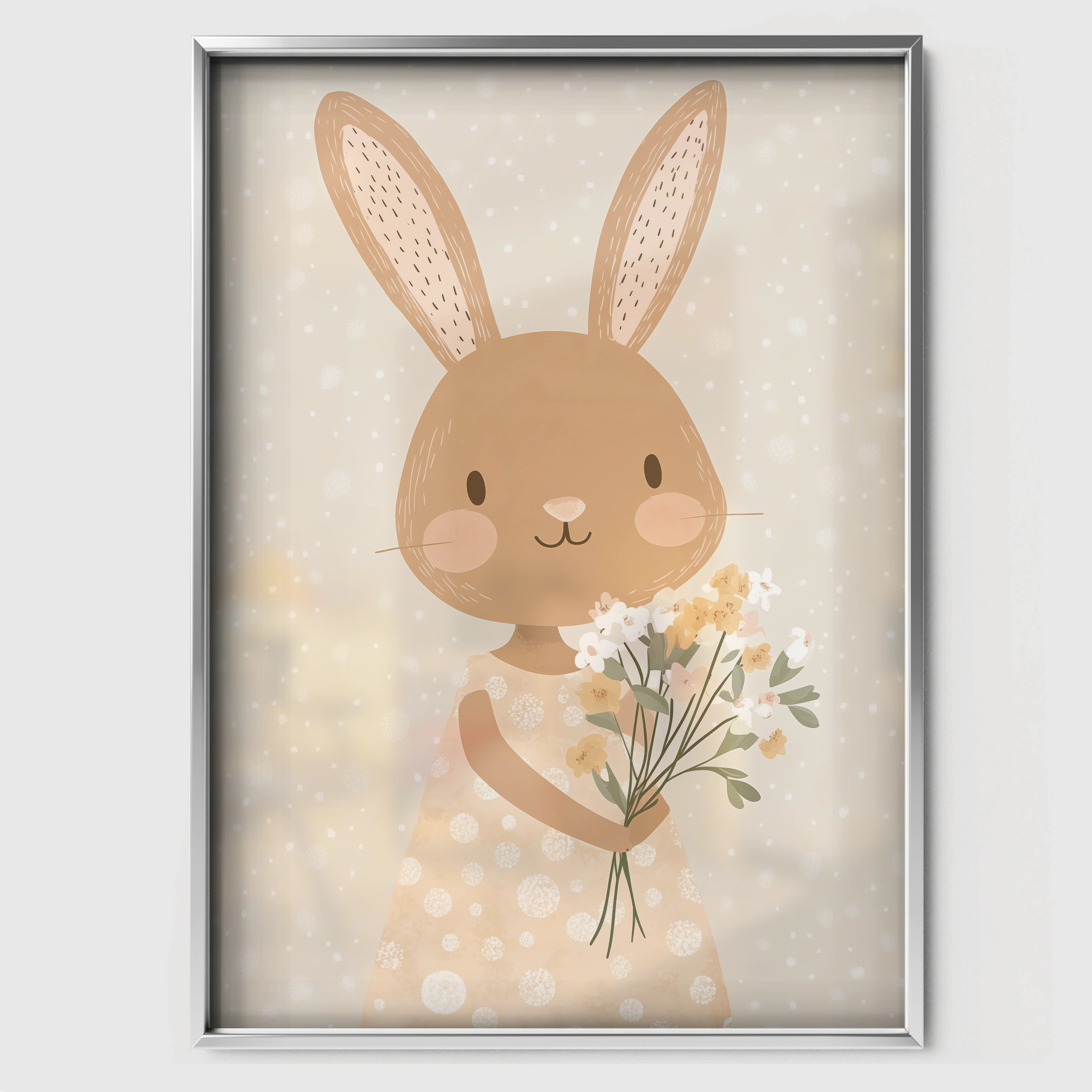 Bunny with Flowers Two Nursery Print - white framed nursery wall art print