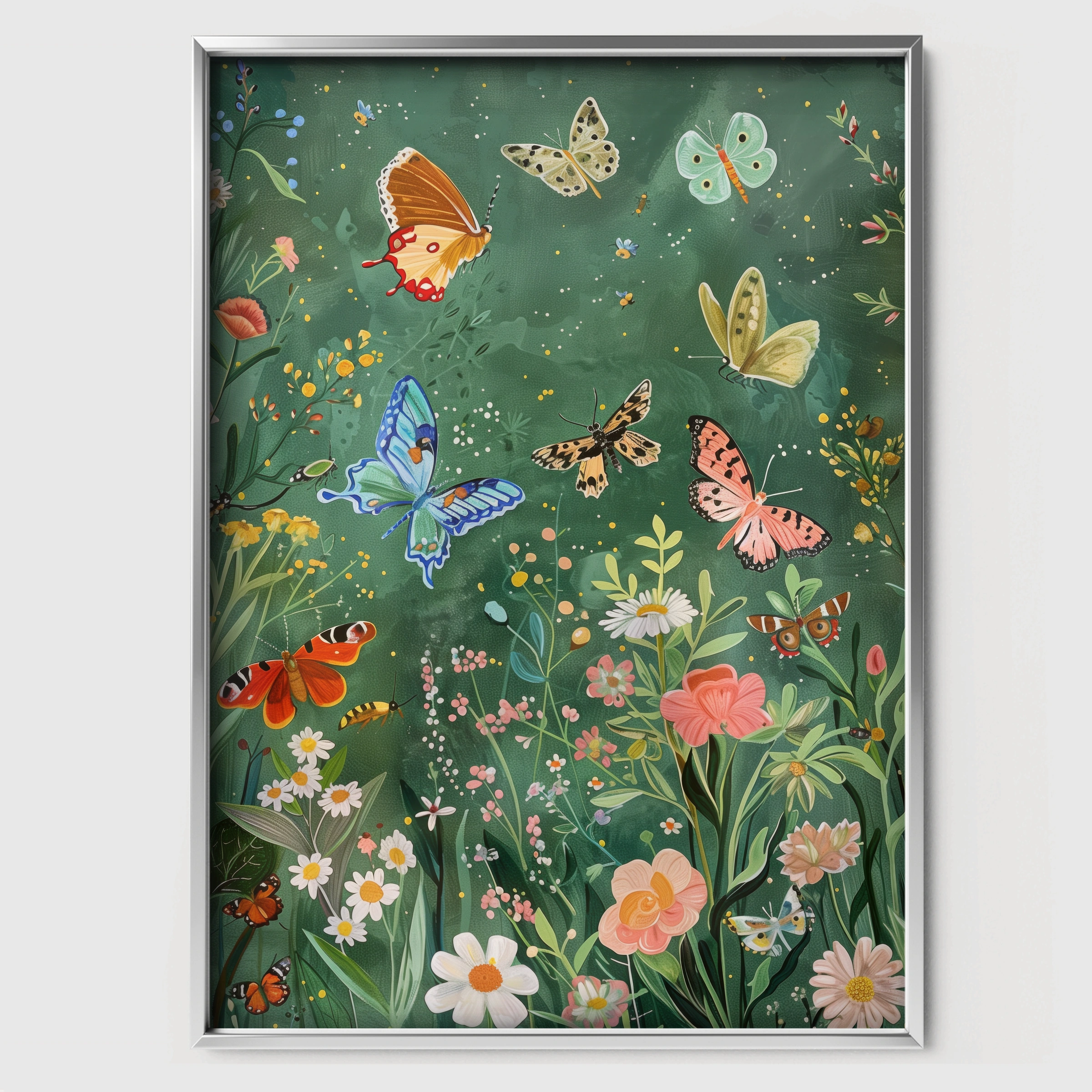 Butterfly Meadow Nursery Print - white framed nursery wall art print