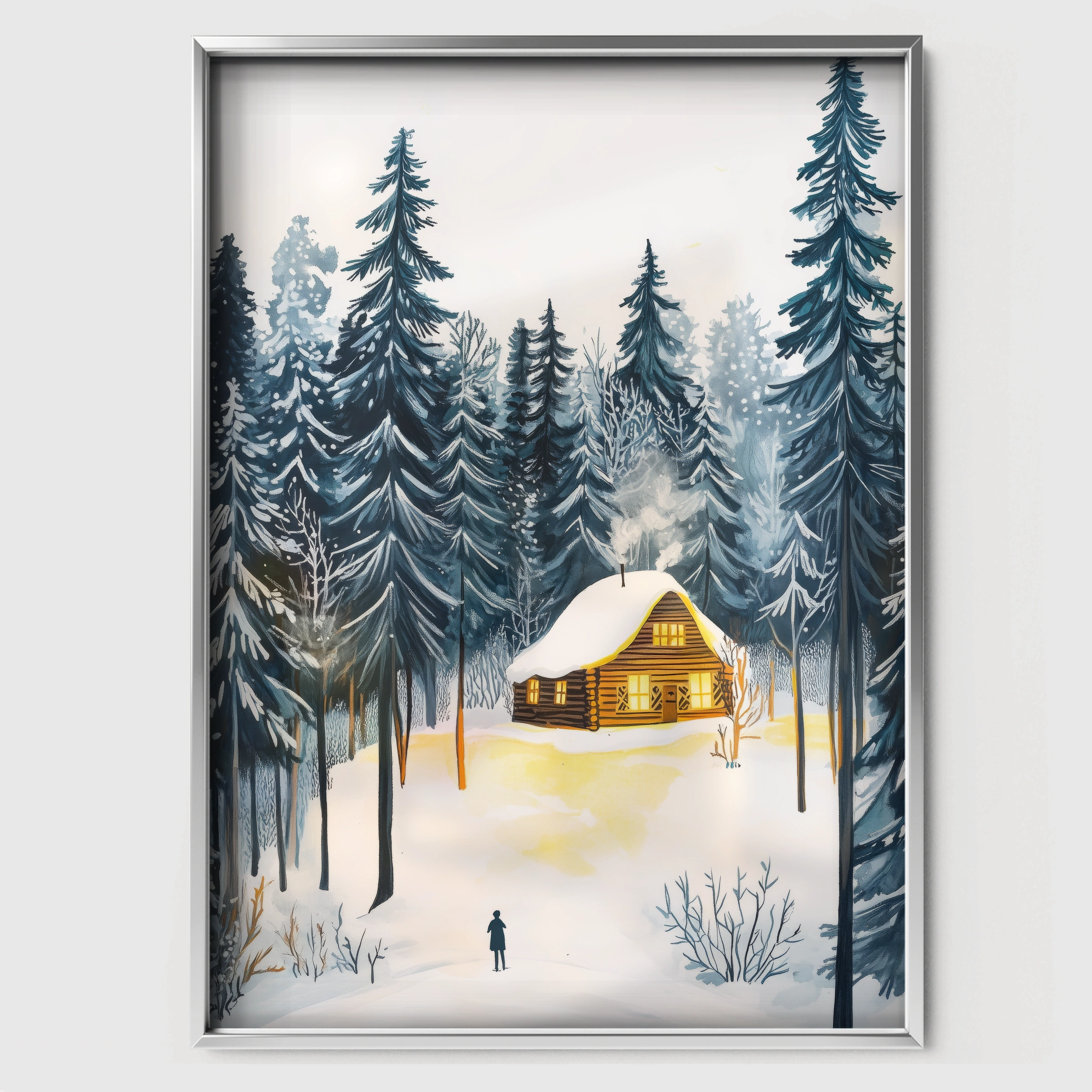 Cabin in the Forest Christmas Print - white framed nursery wall art print