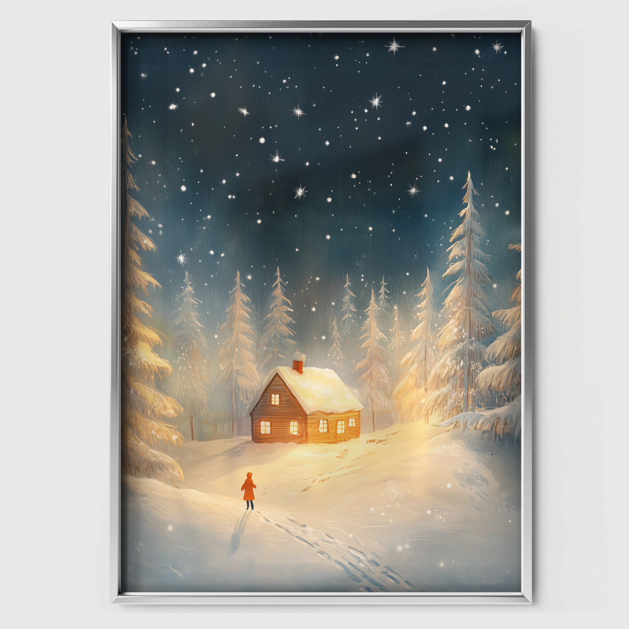 Cabin in the Snow Christmas Print - white framed nursery wall art print