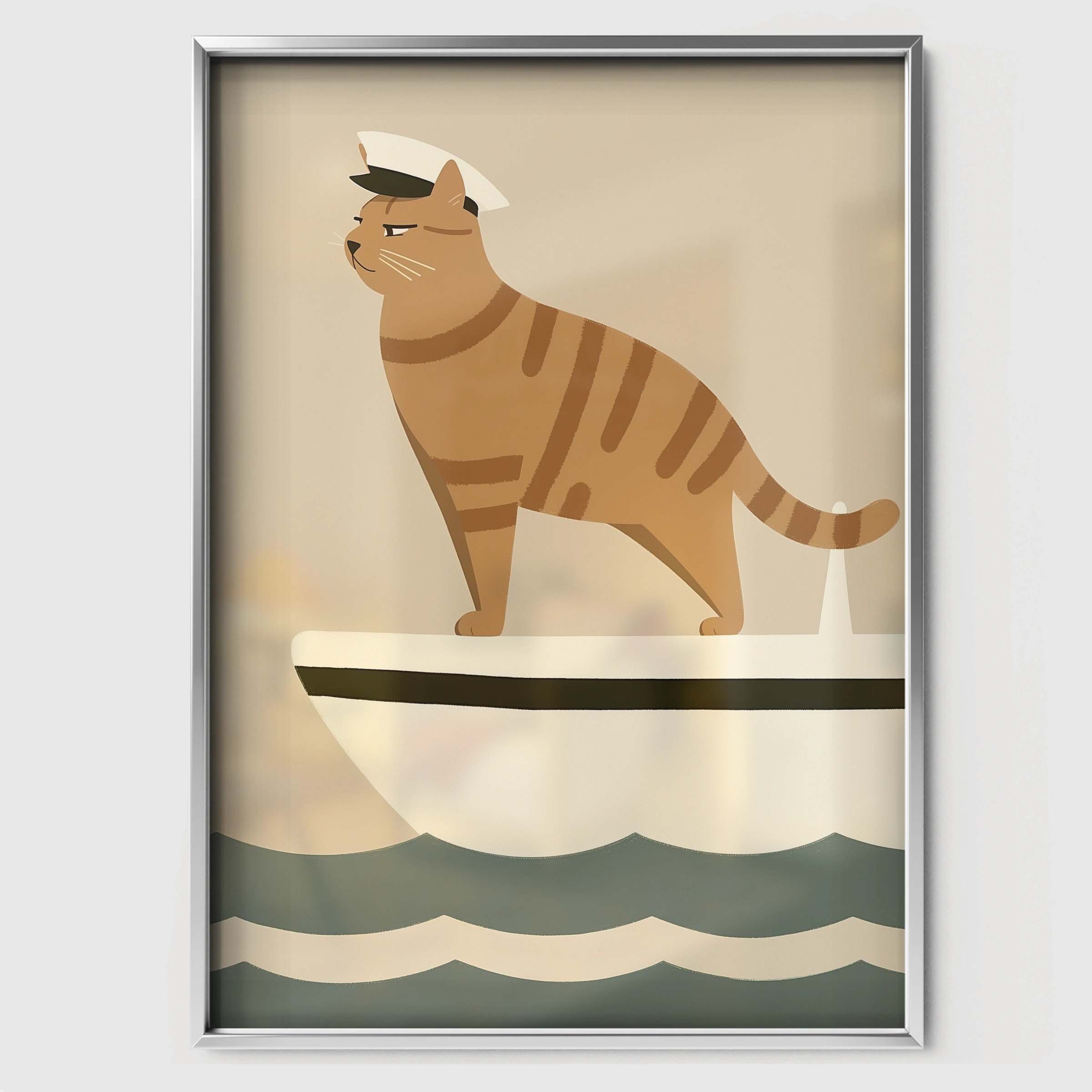 Captain Cat on a Boat Nursery Print - white framed nursery wall art print