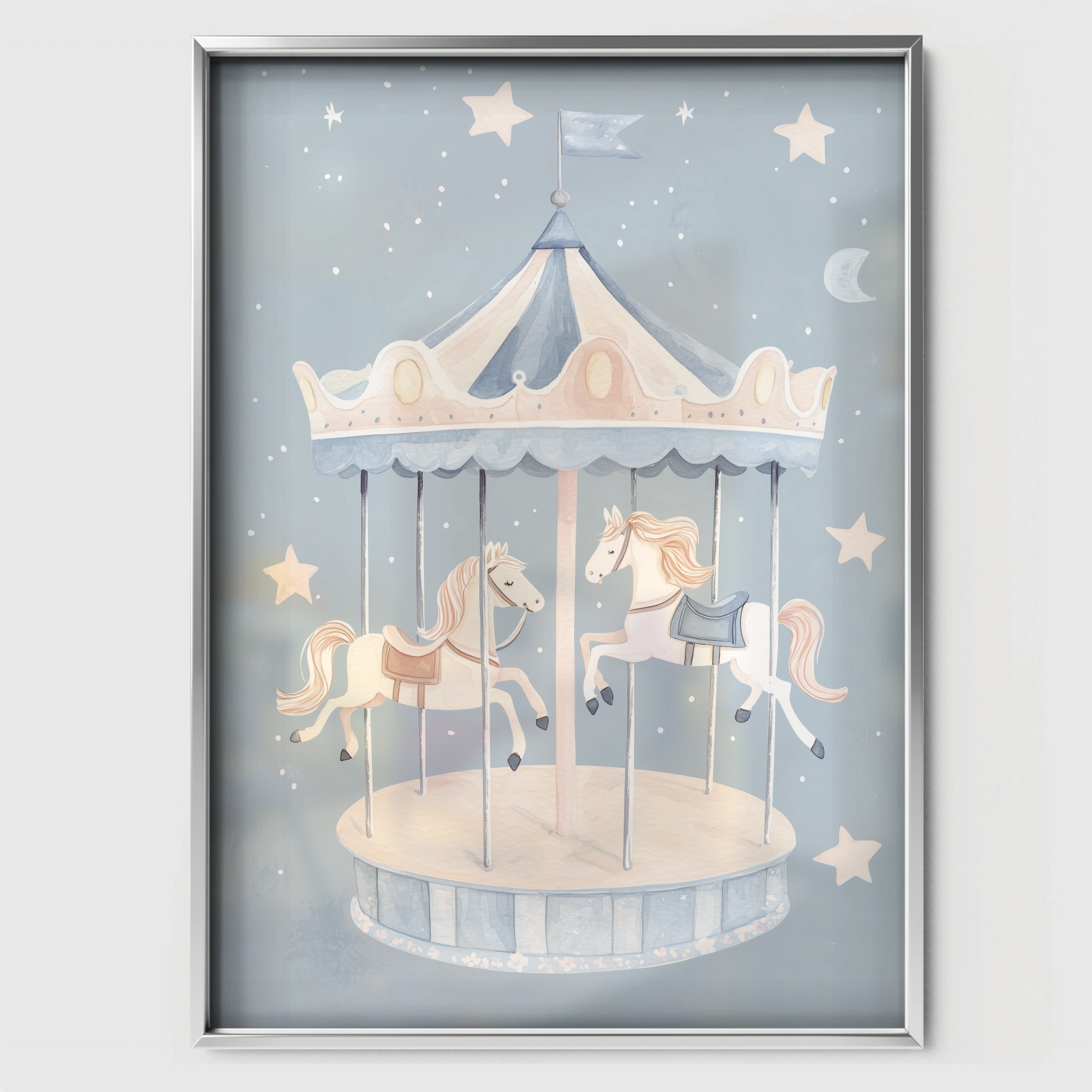 Carousel Nursery Print - white framed nursery wall art print