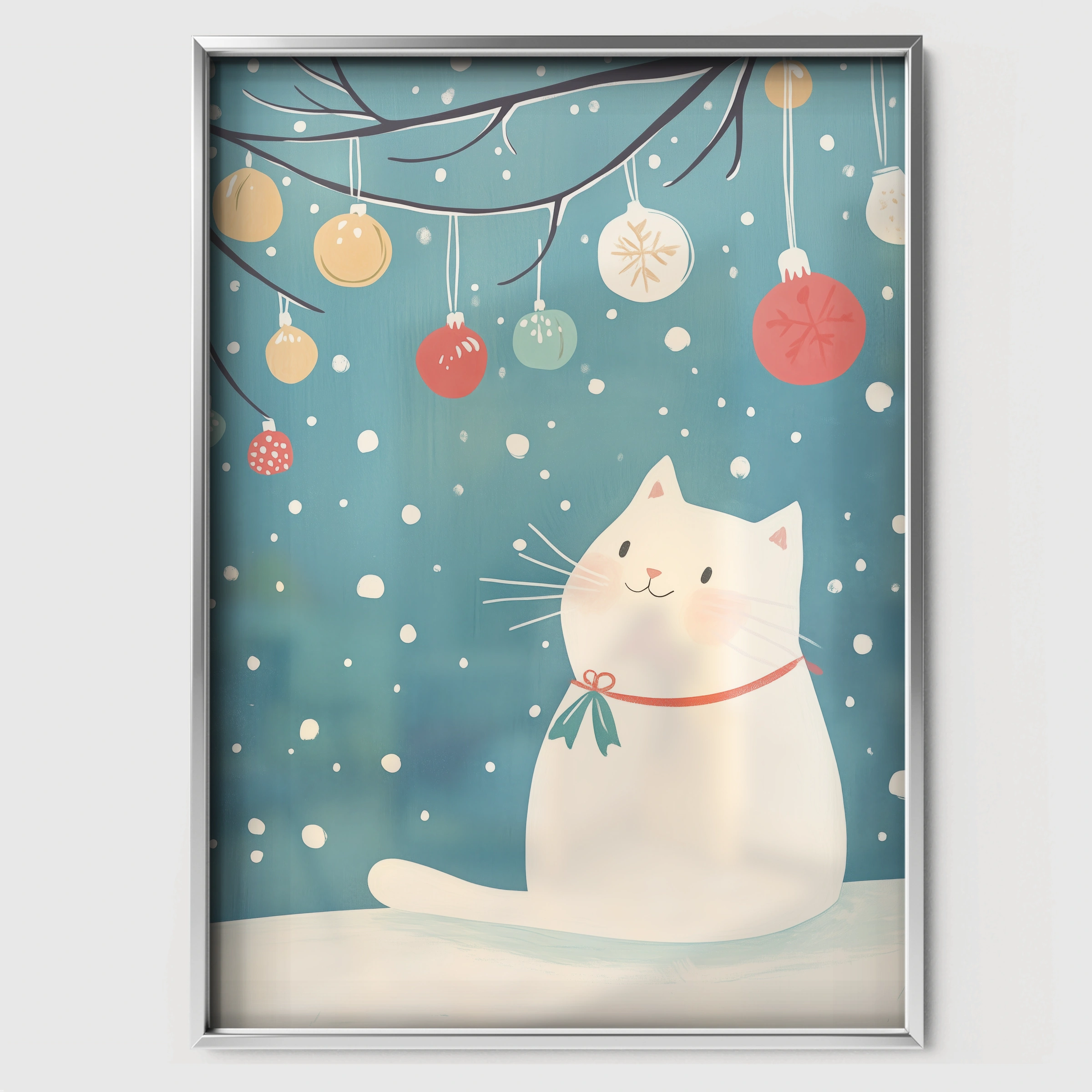 Cat and Ornaments Christmas Print - white framed nursery wall art print