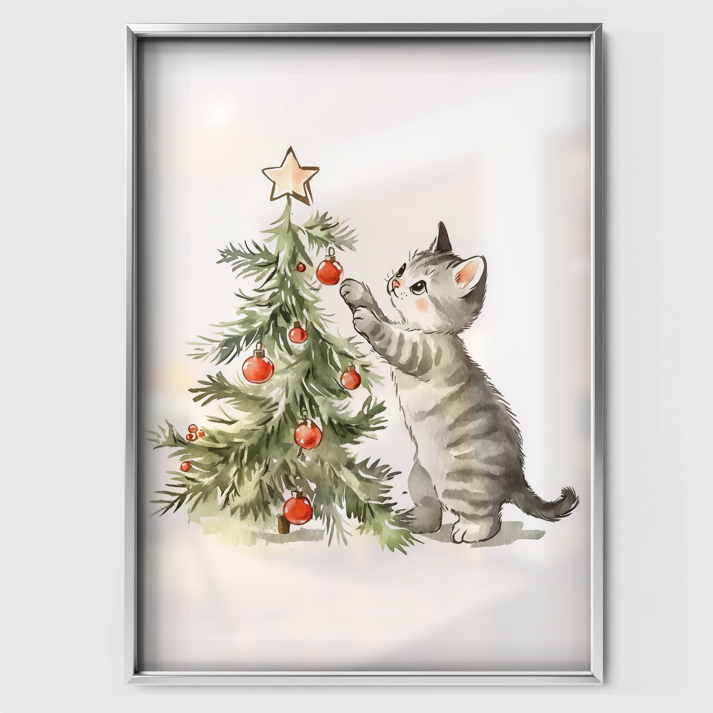 Cat and the Christmas Tree Print - white framed nursery wall art print
