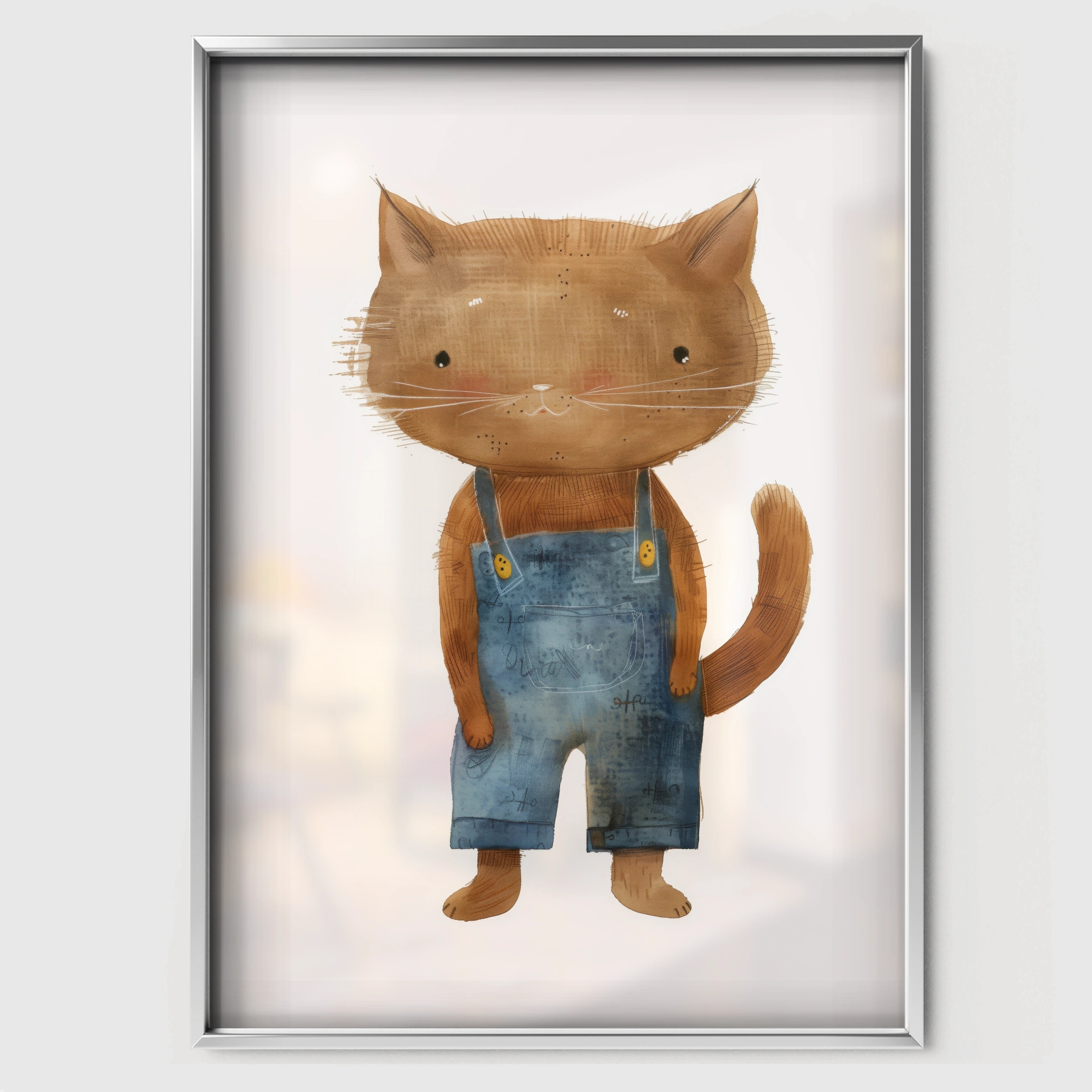 Cat in Overalls Nursery Print - white framed nursery wall art print