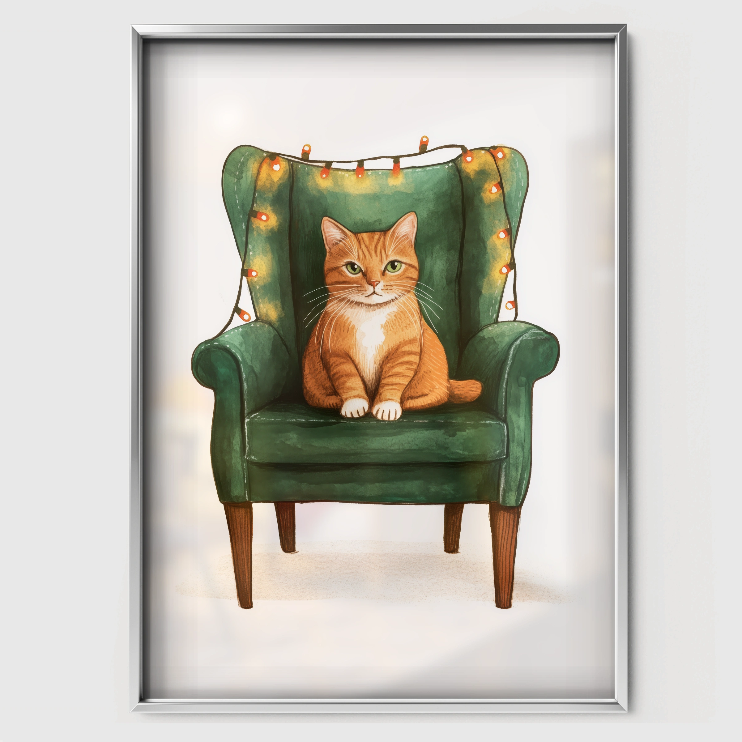Cat on a Green Chair Christmas Print - white framed nursery wall art print