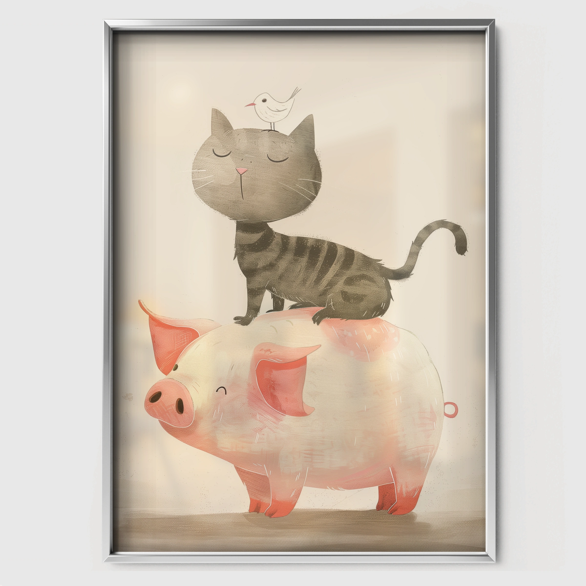 Cat on a Pig Nursery Print - white framed nursery wall art print