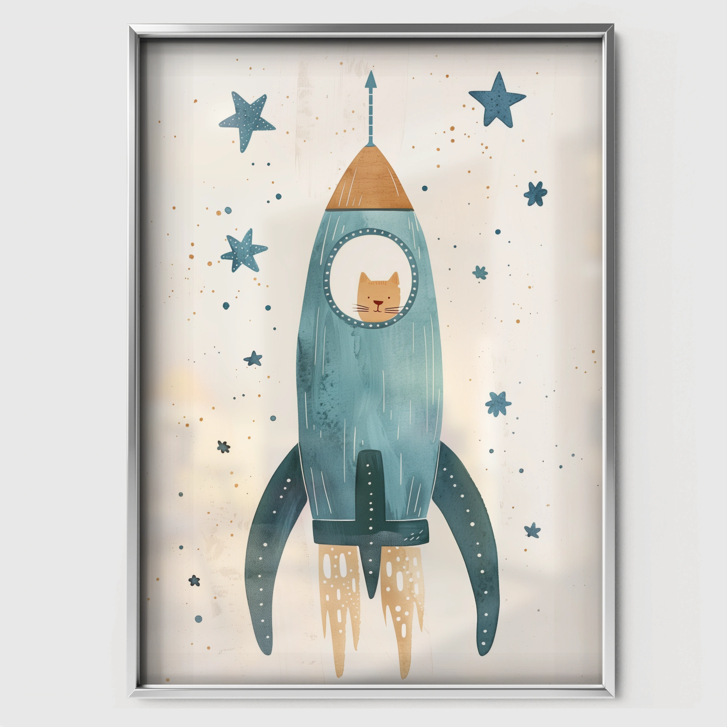 Cat Rocket Nursery Print - white framed nursery wall art print