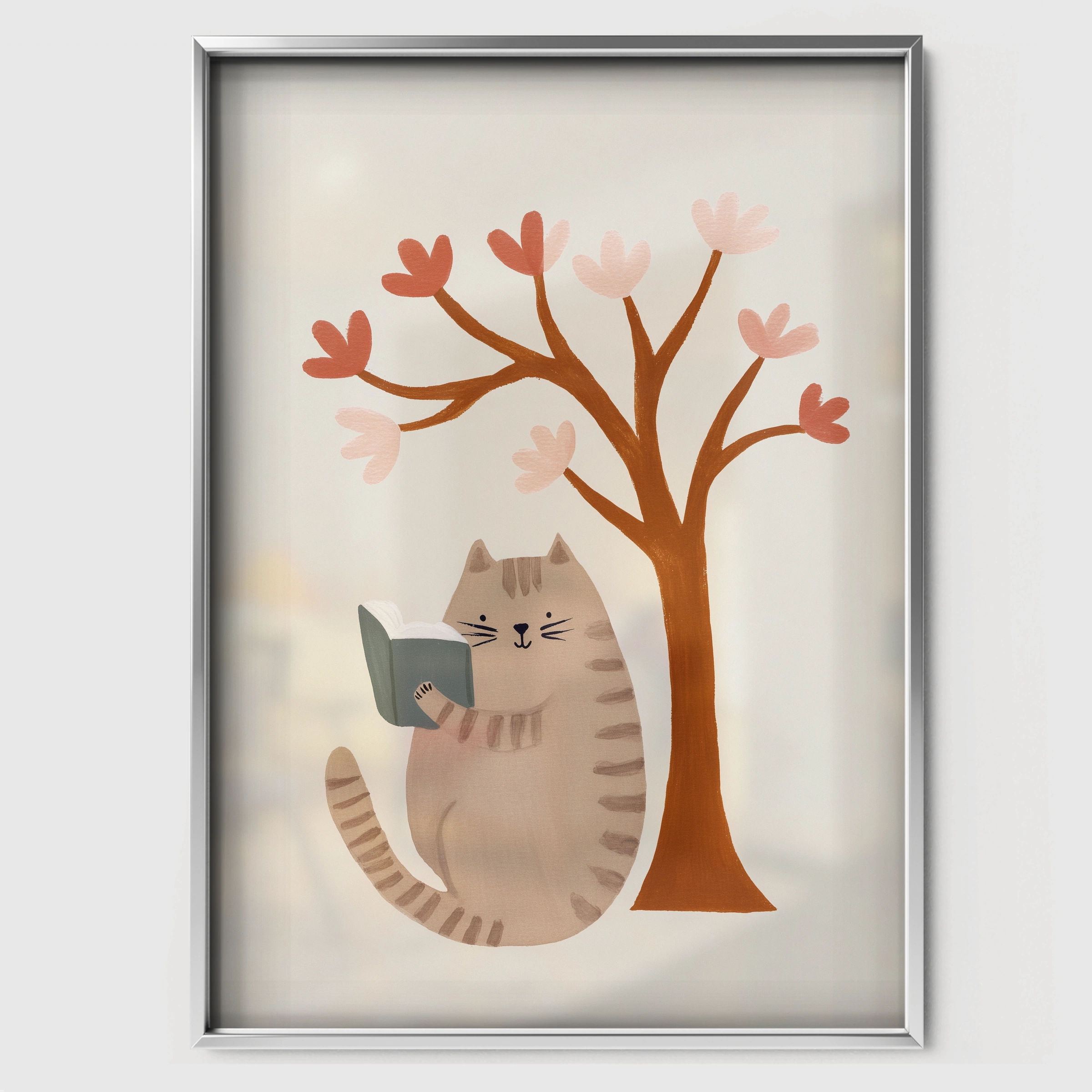 Cat Under a Tree Nursery Print - white framed nursery wall art print