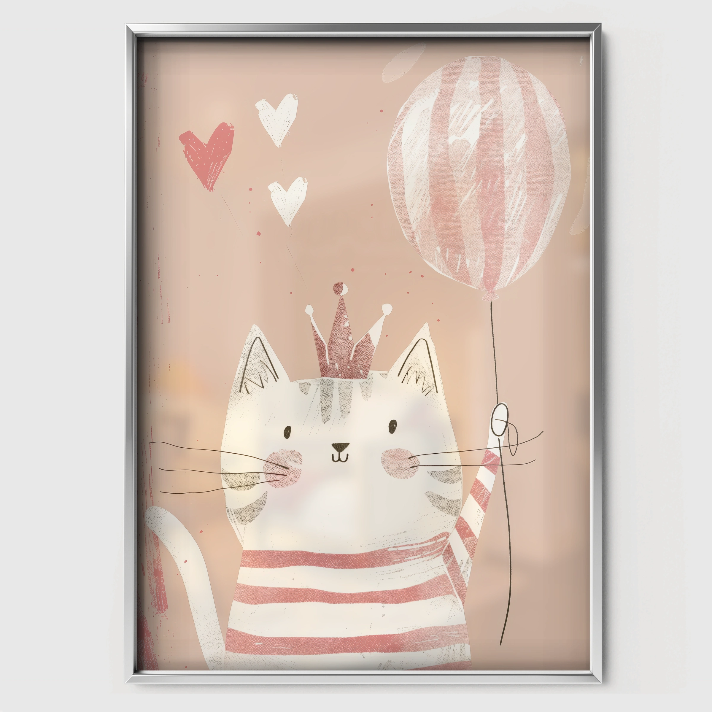 Cat with a Balloon Nursery Print - white framed nursery wall art print