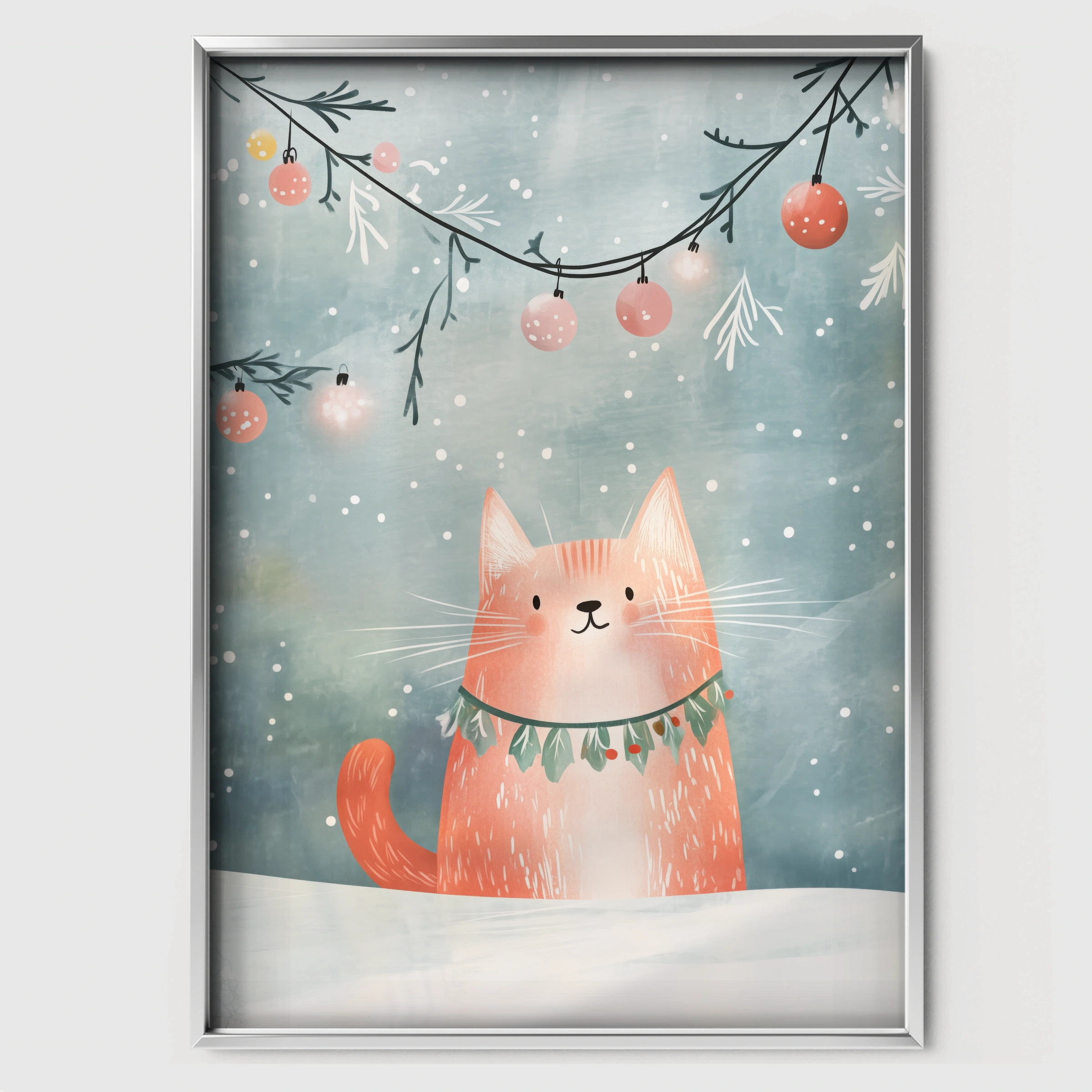 Cat with a Garland Christmas Print - white framed nursery wall art print