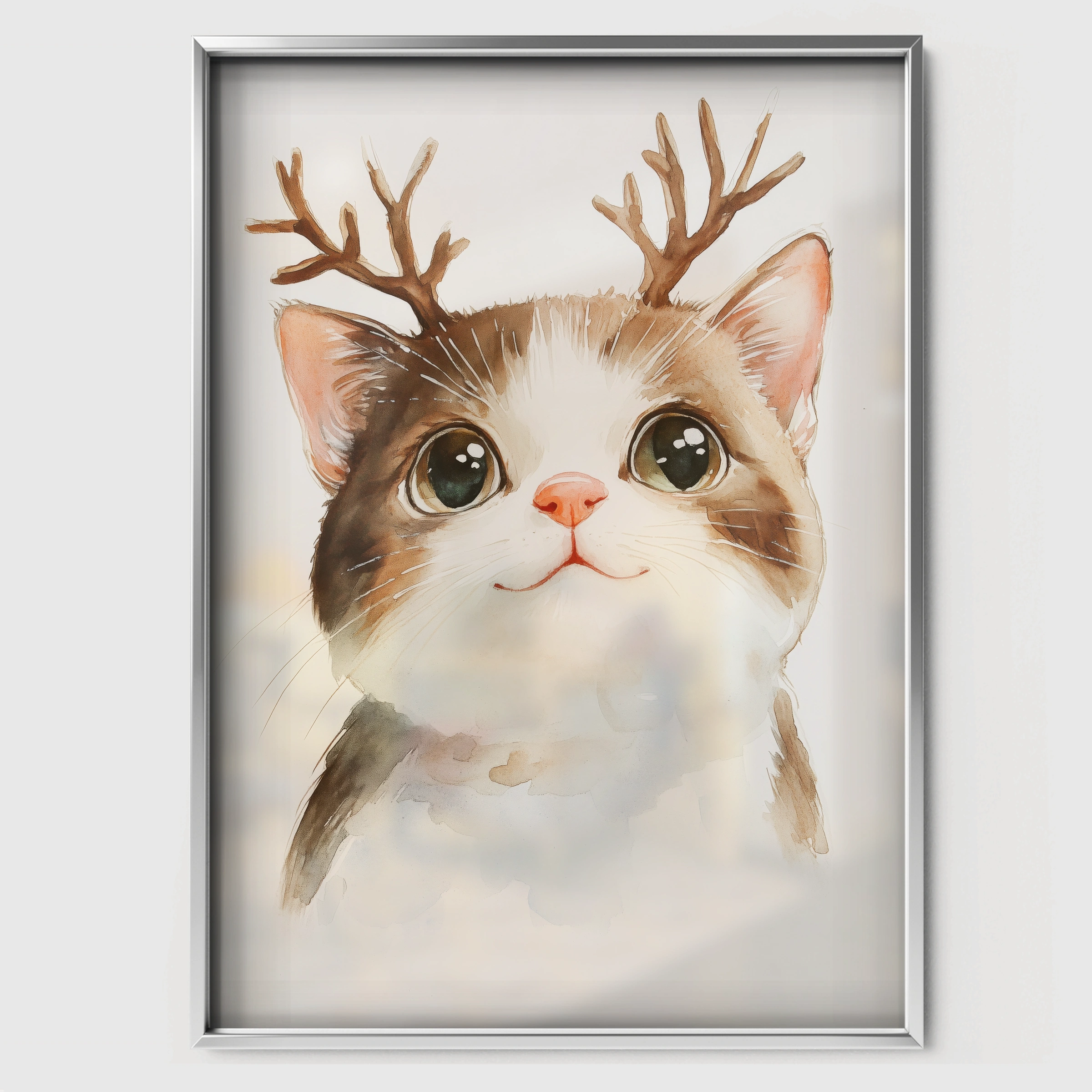Cat with Antlers Christmas Print - white framed nursery wall art print