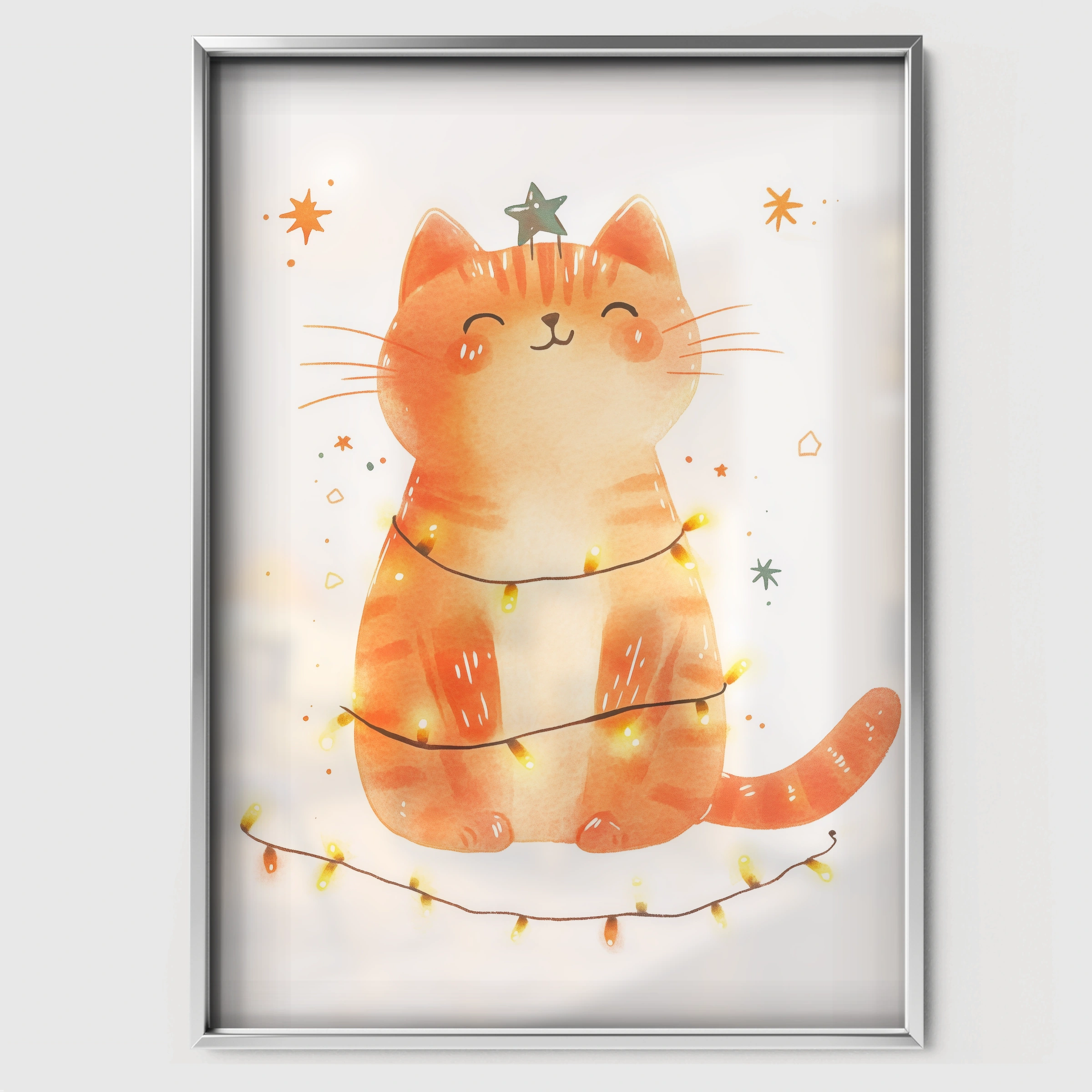 Cat with Fairy Lights Christmas Print - white framed nursery wall art print