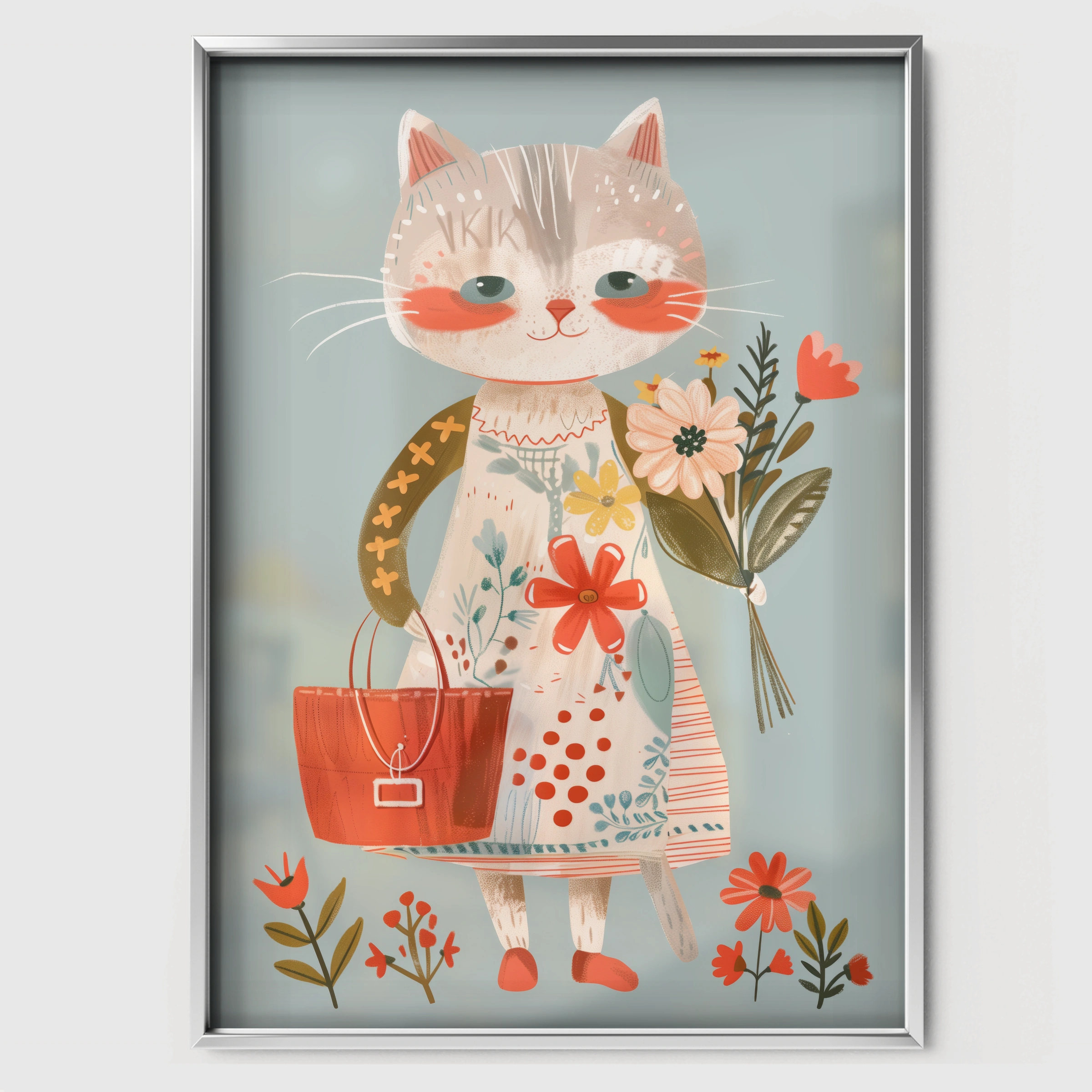 Cat with Flowers Nursery Print - white framed nursery wall art print