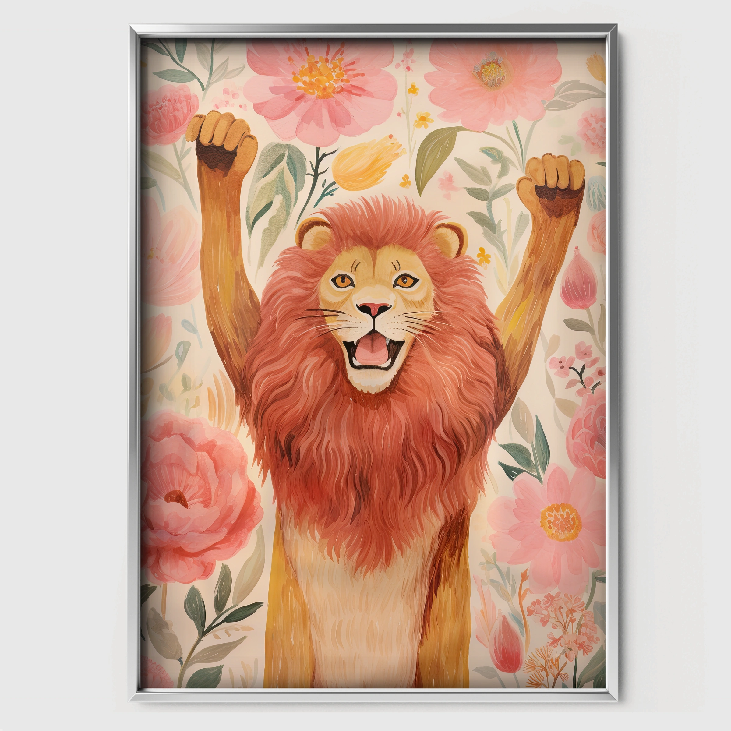 Cheering Lion Nursery Print - white framed nursery wall art print