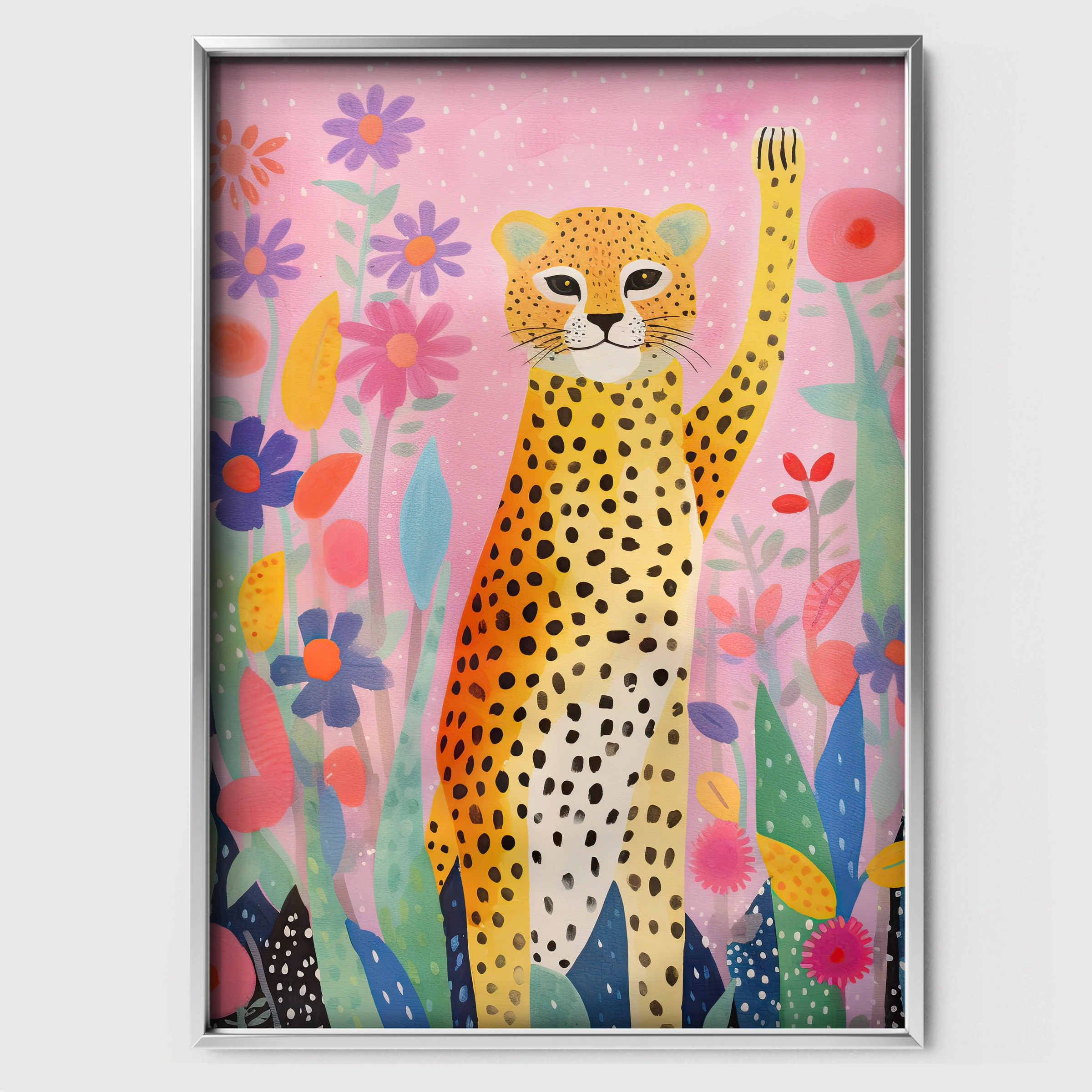 Cheetah in Flowers Nursery Print - white framed nursery wall art print