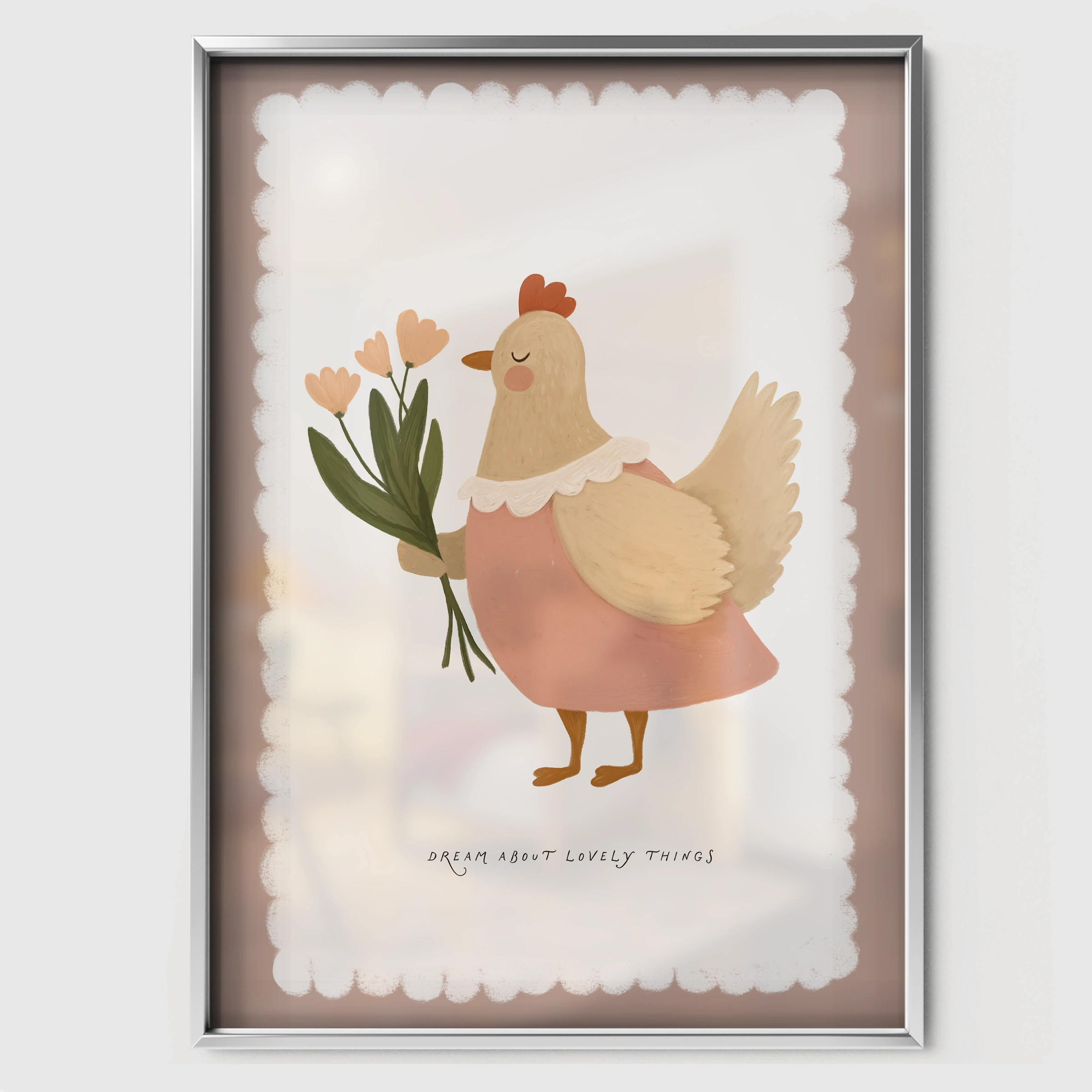 Chicken with a Flower Nursery Print - white framed nursery wall art print