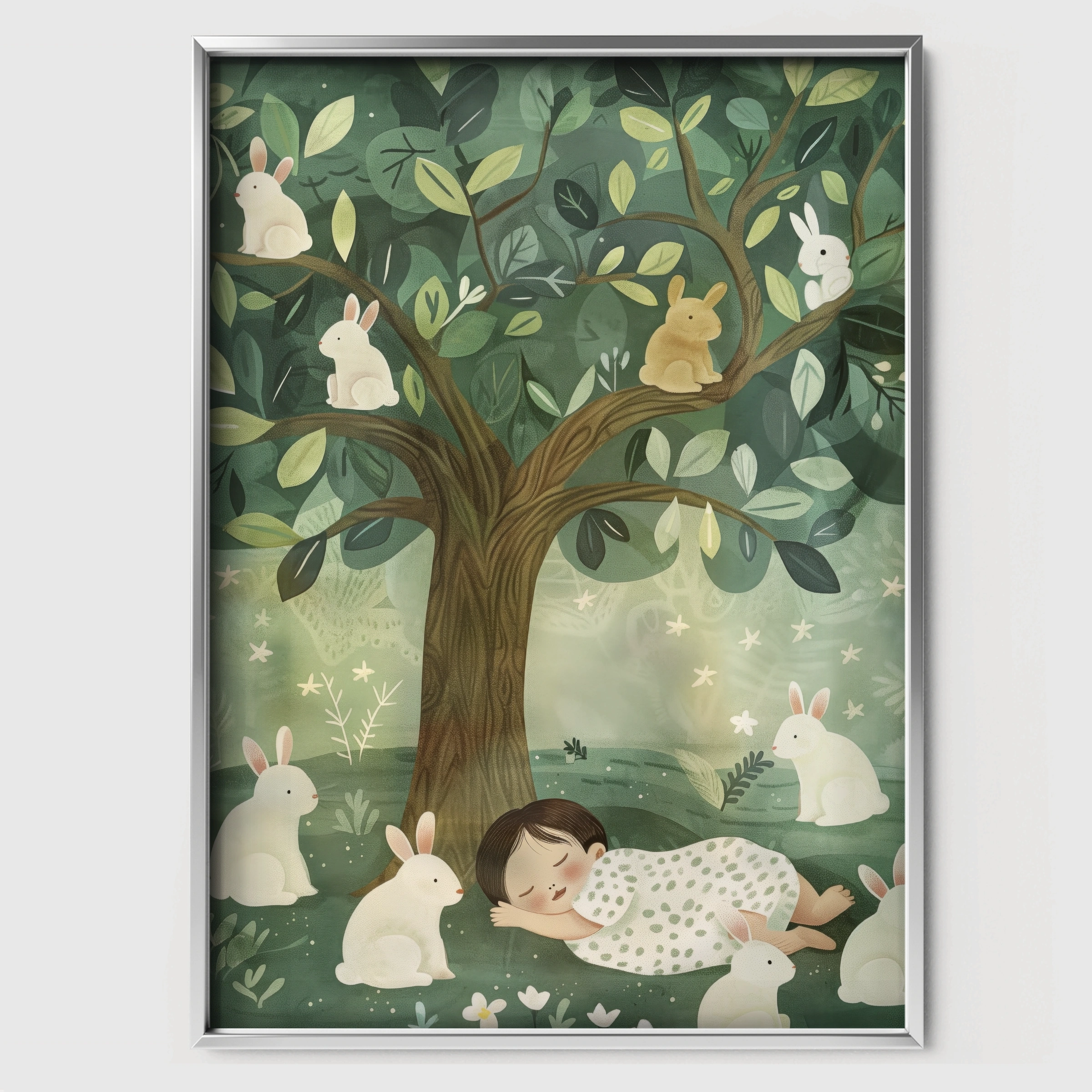 Child Sleeping with Bunnies Nursery Print - white framed nursery wall art print