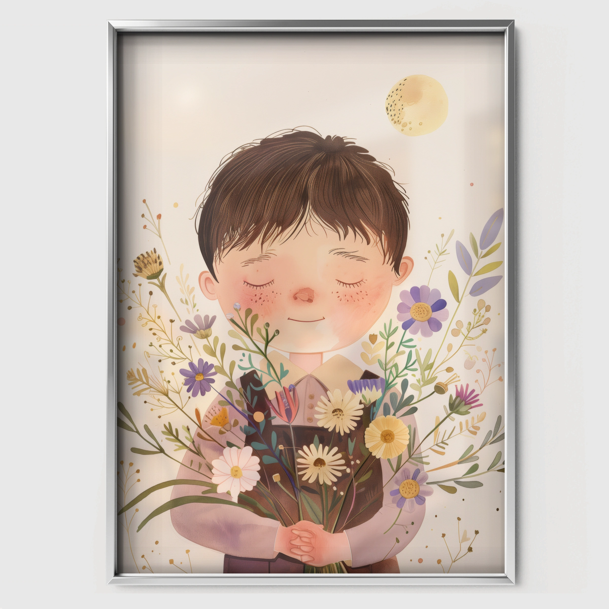Child with Flowers Nursery Print - white framed nursery wall art print