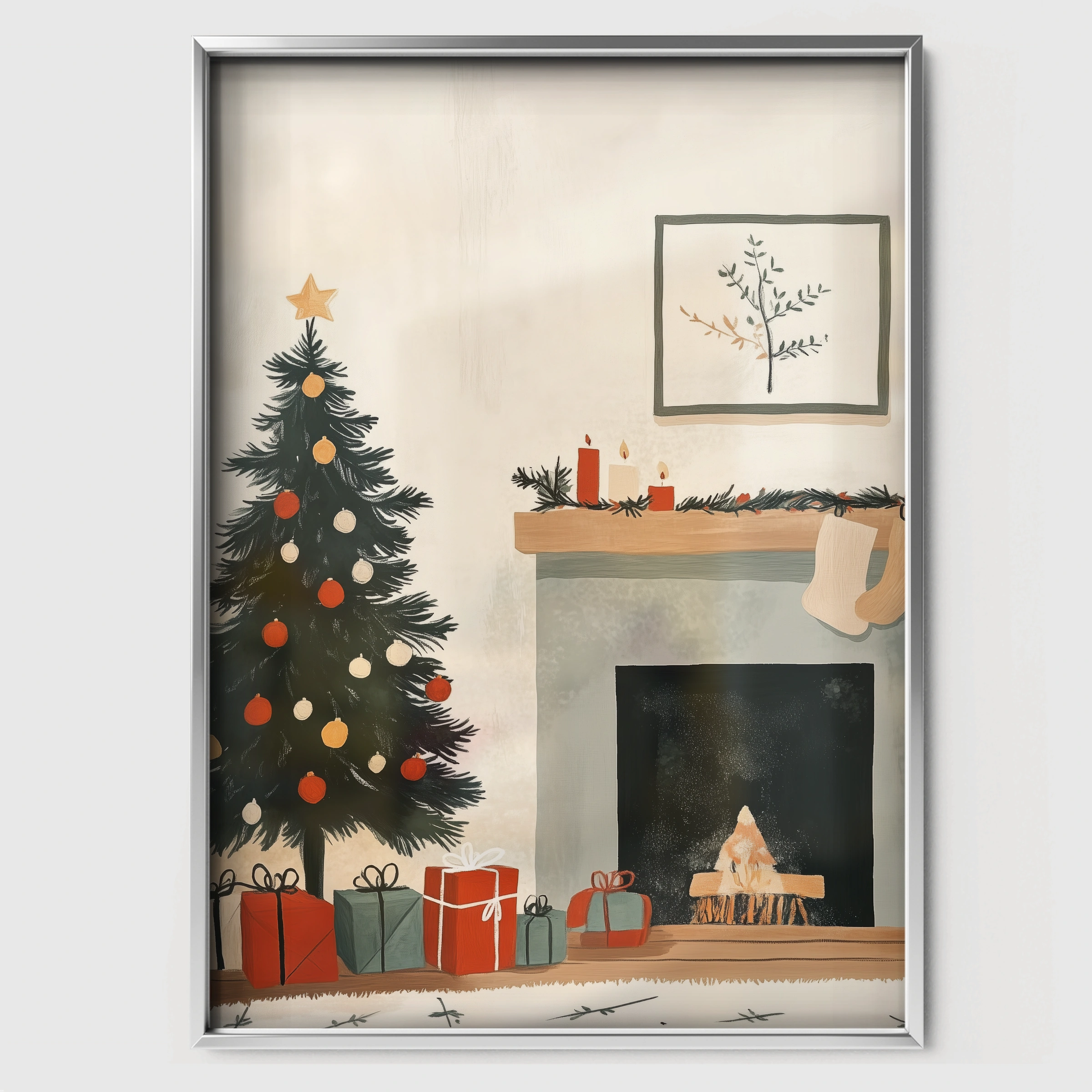 Christmas Tree and Fireplace Print - white framed nursery wall art print