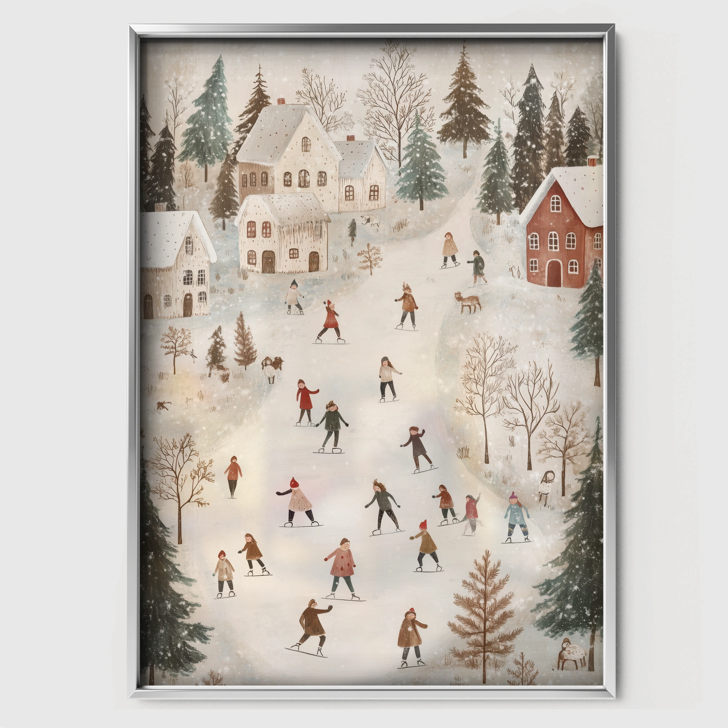 Christmas Village Skaters Two Print - white framed nursery wall art print
