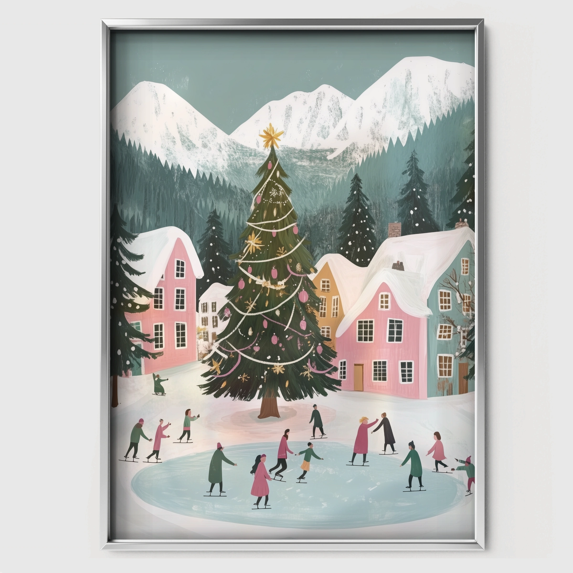 Christmas Village Skating Print - white framed nursery wall art print