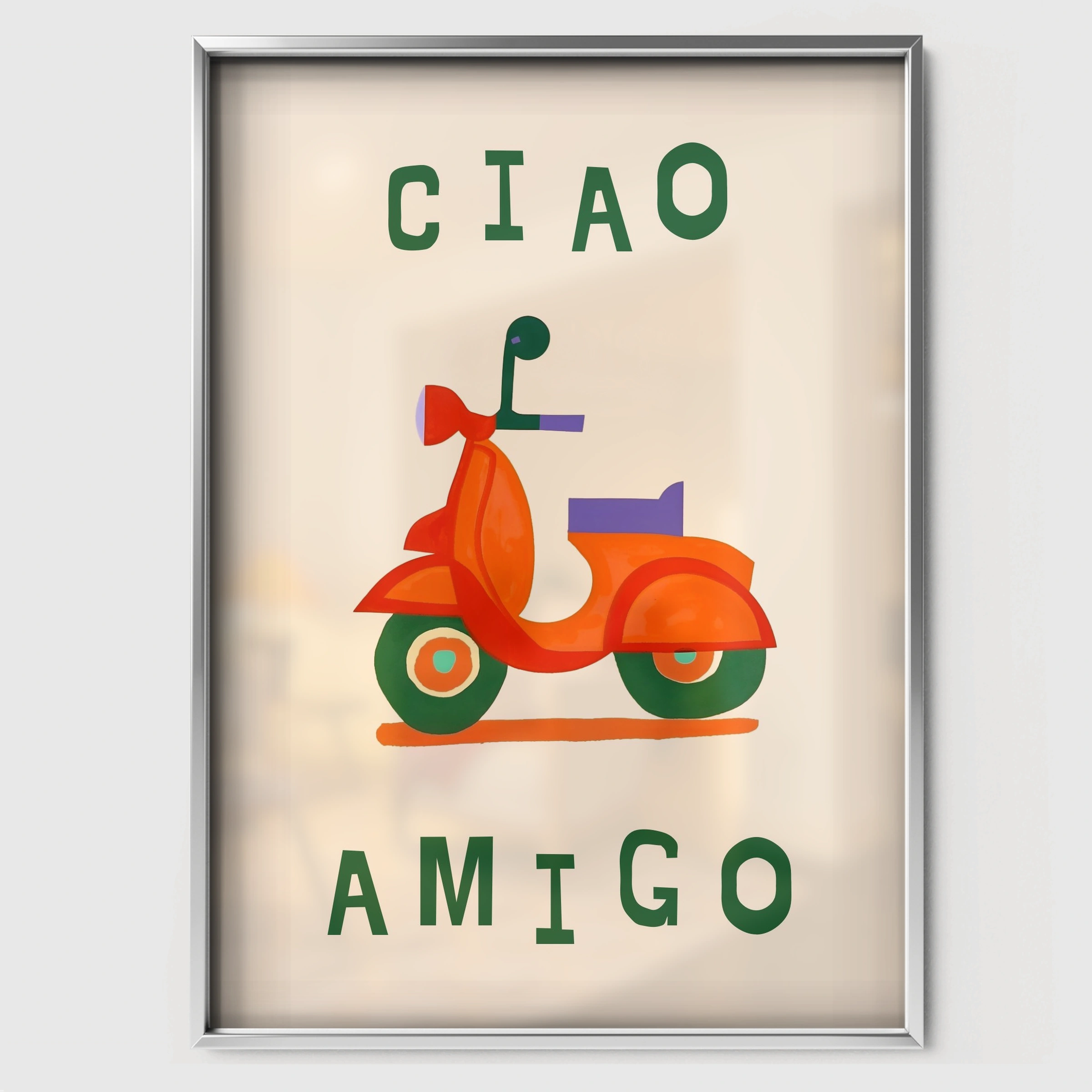 Ciao Amigo Scooter Nursery Print - white framed nursery wall art print