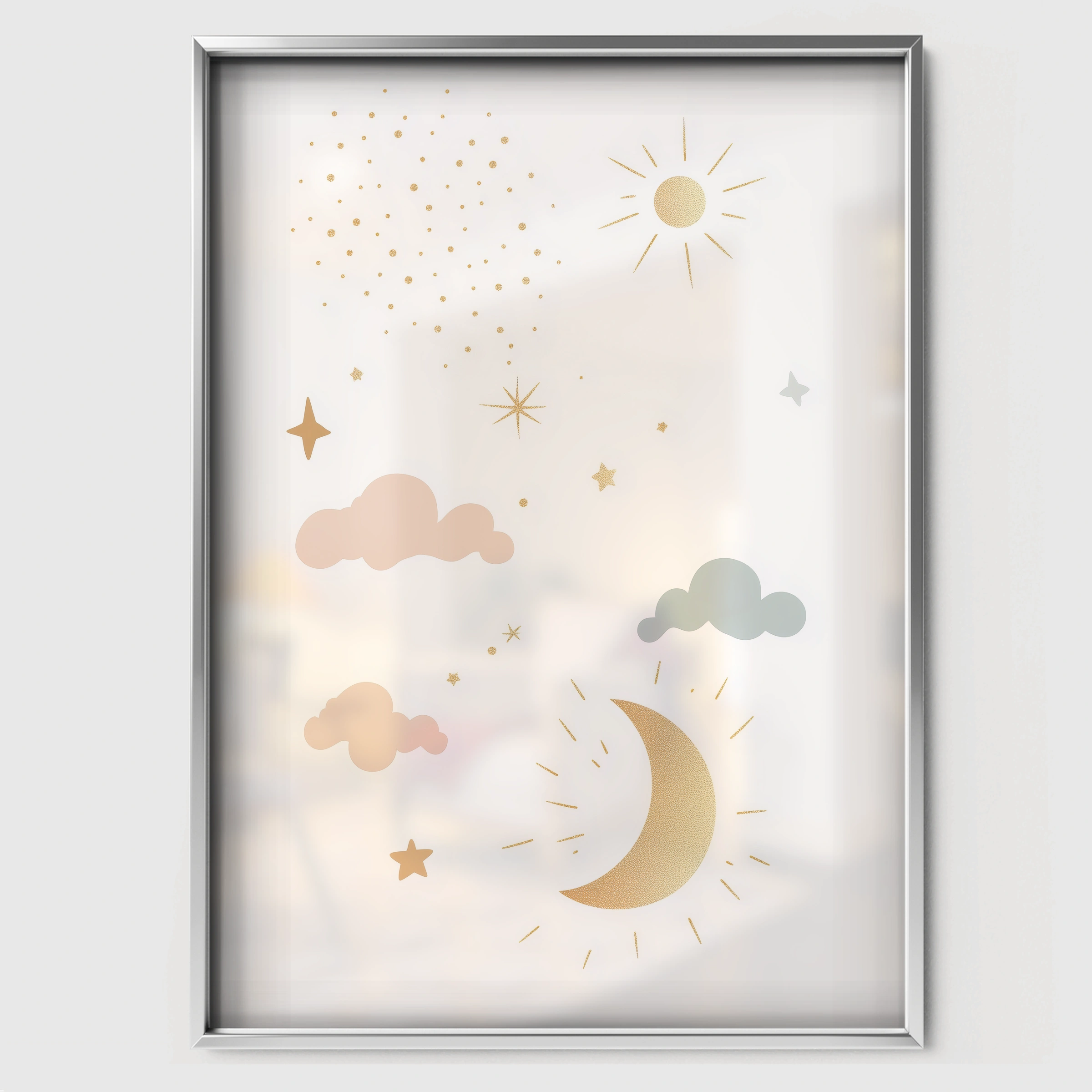 Clouds and Moon Nursery Print - white framed nursery wall art print