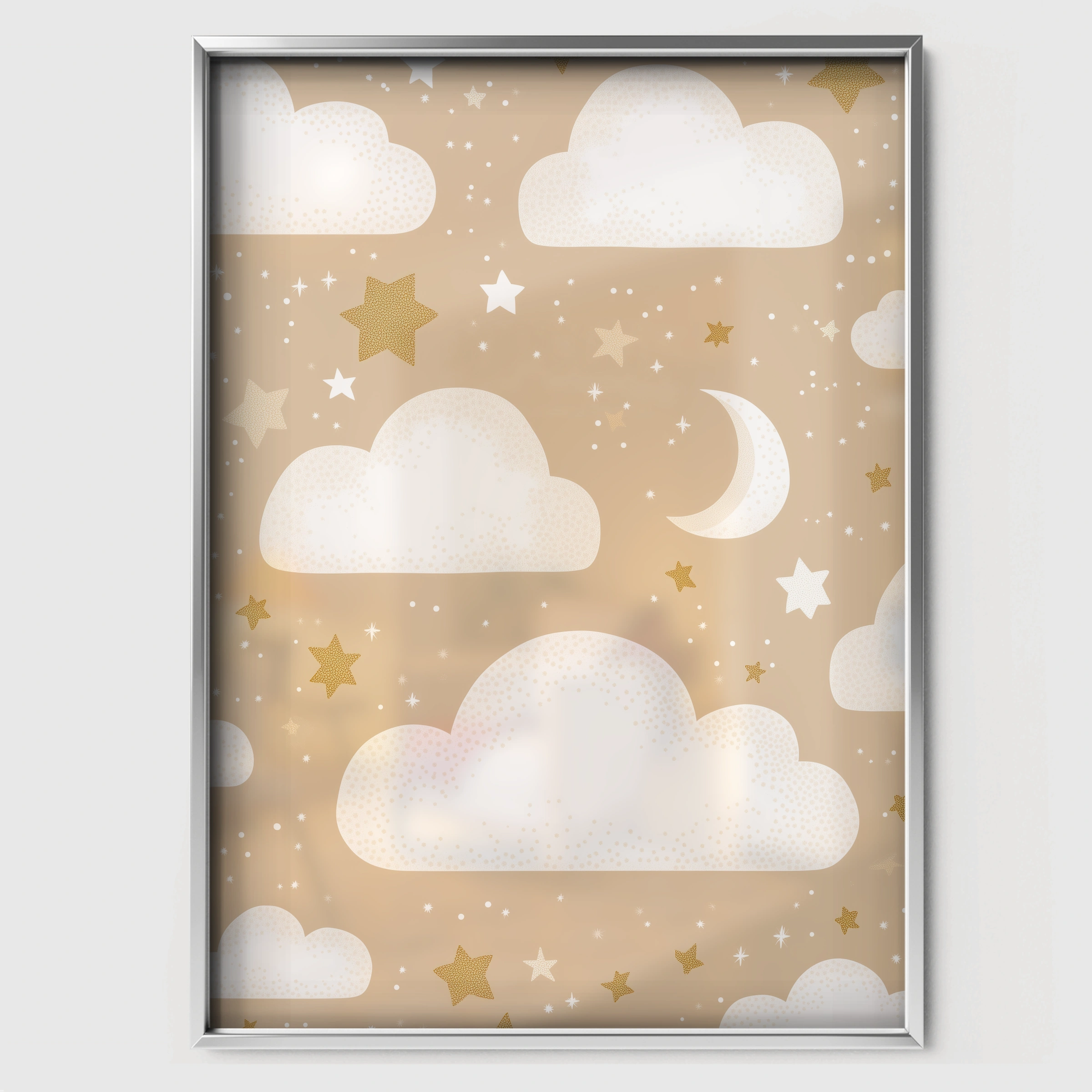 Clouds and Stars Nursery Print - white framed nursery wall art print