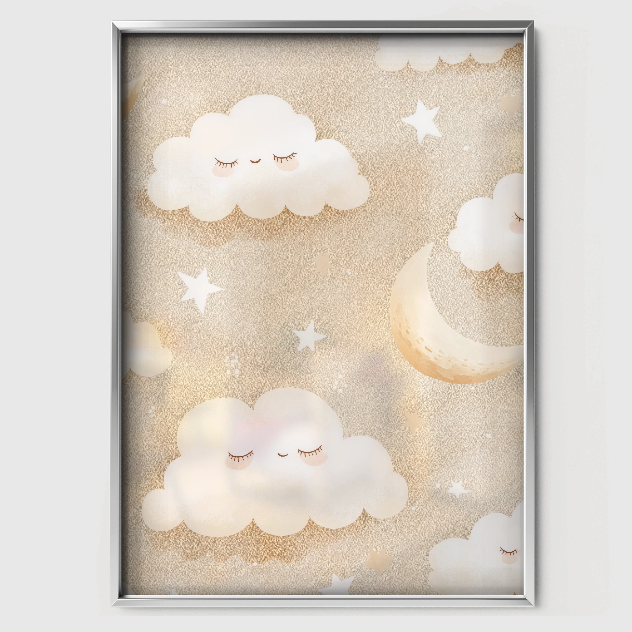 Clouds Moon Stars Nursery Print - white framed nursery wall art print