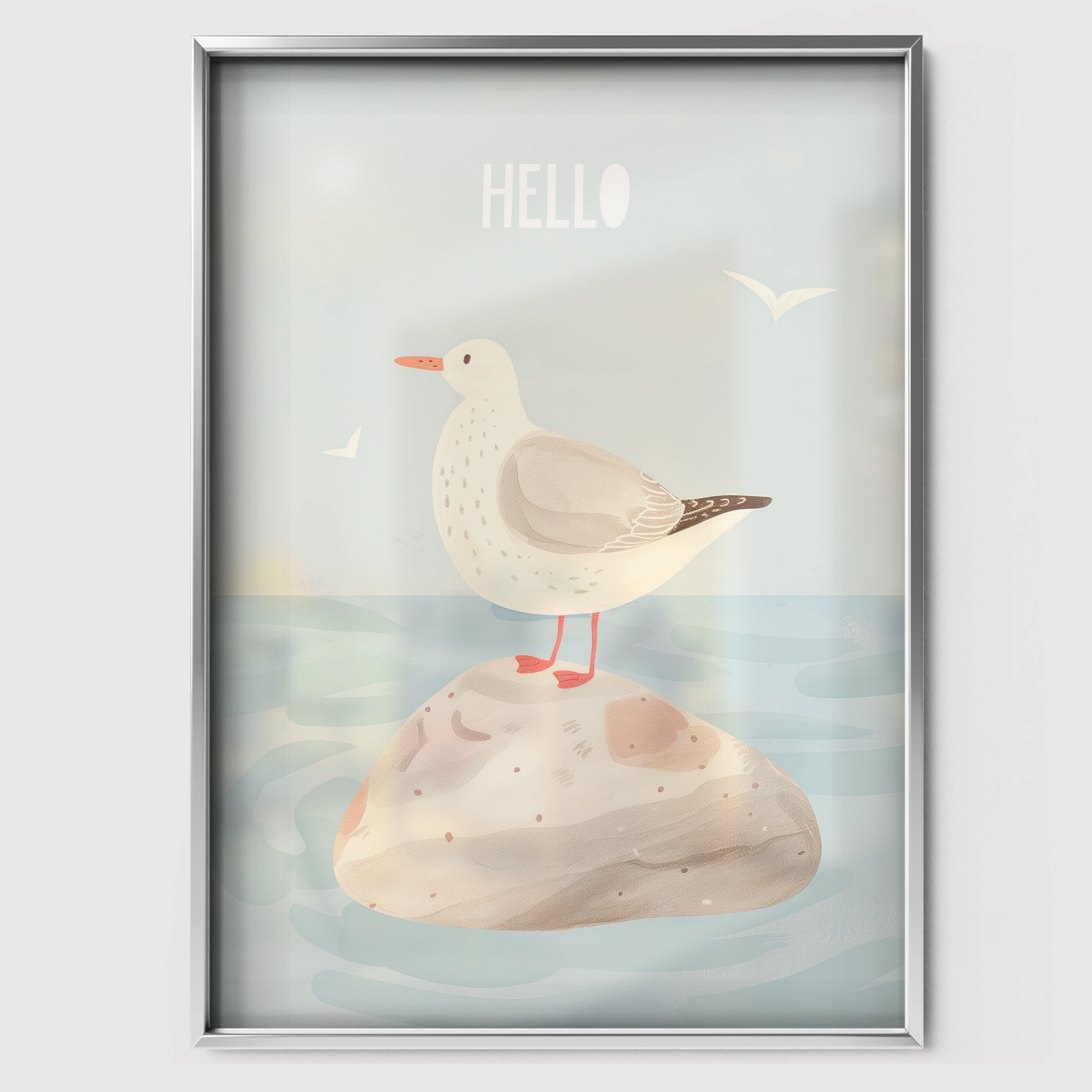 Coastal Seagull Nursery Print - white framed nursery wall art print