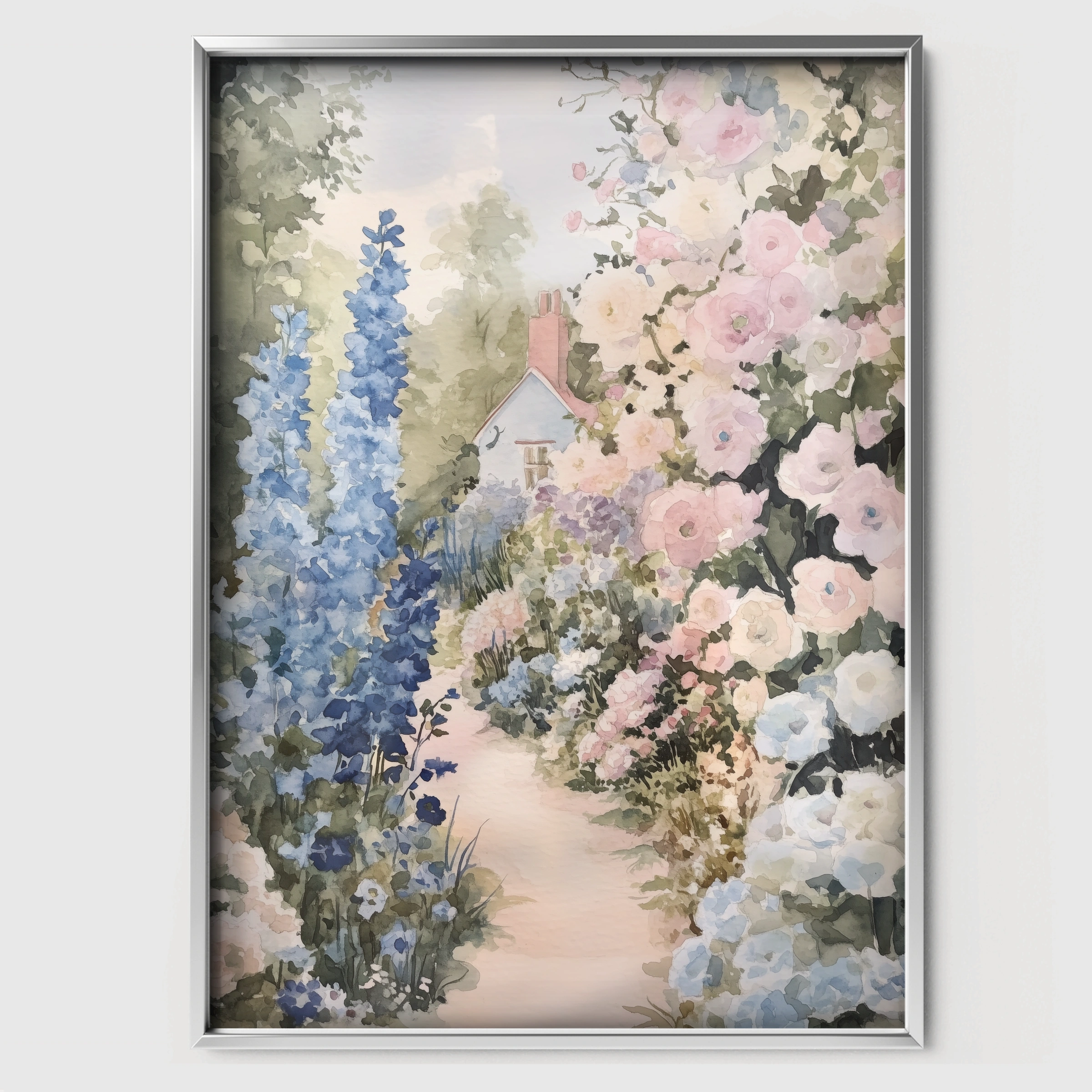 Cottage Flower Garden Nursery Print - white framed nursery wall art print