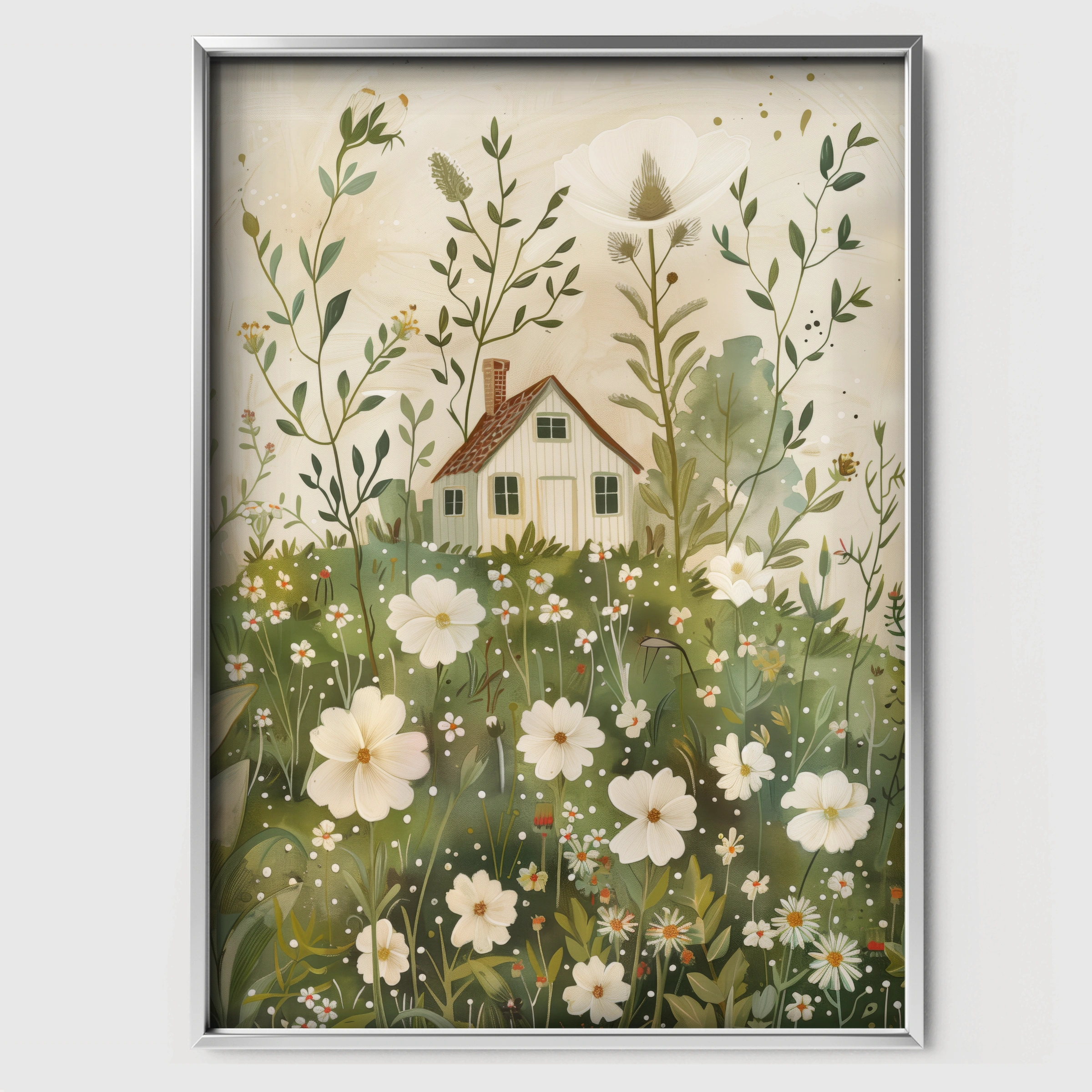 Cottage in Flowers Nursery Print - white framed nursery wall art print