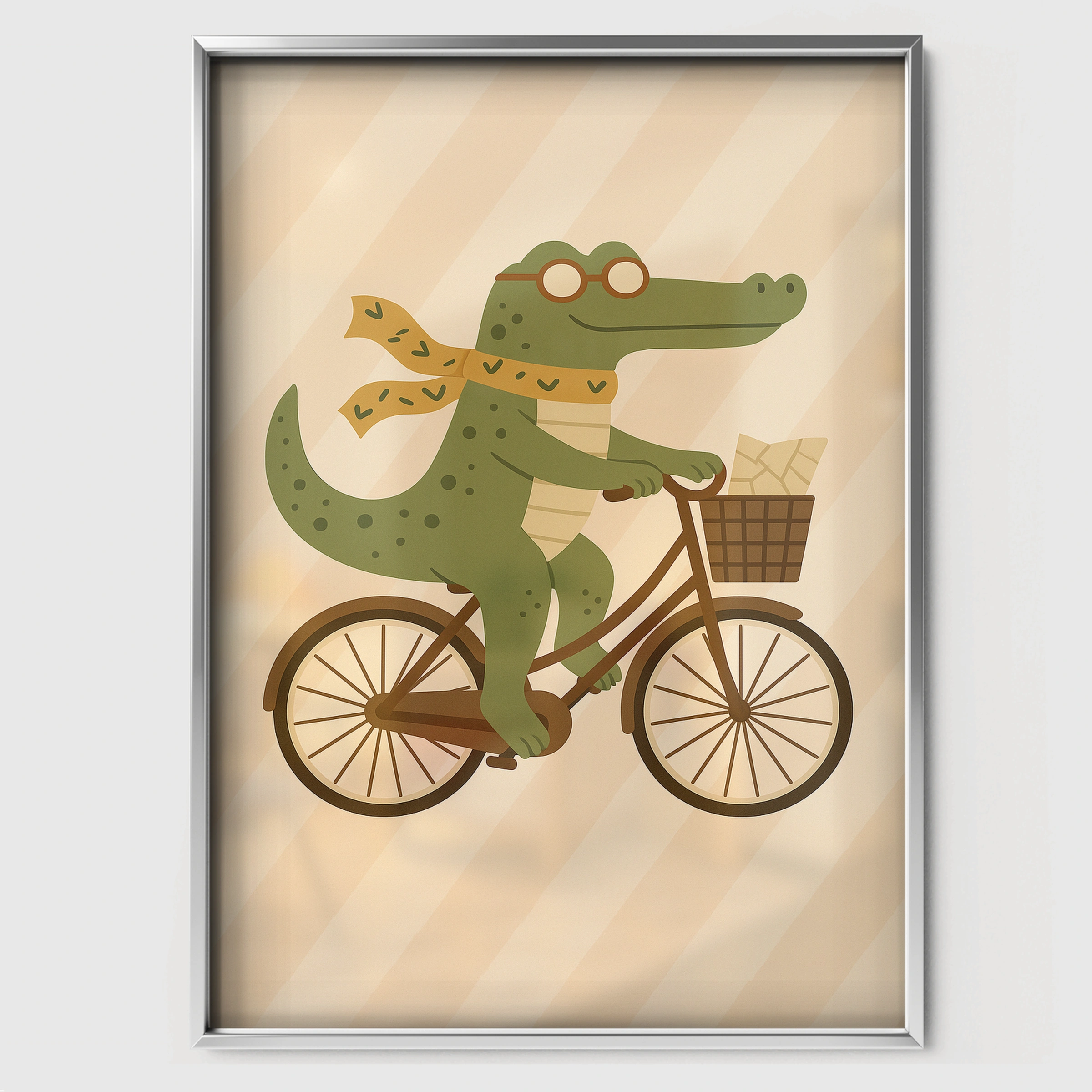 Crocodile on a Bicycle Nursery Print - white framed nursery wall art print