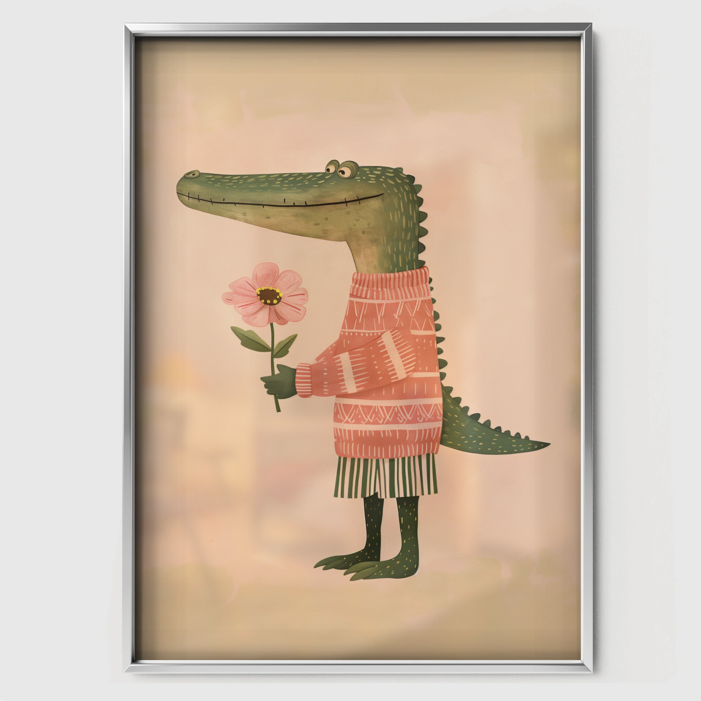 Crocodile with a Flower Nursery Print - white framed nursery wall art print