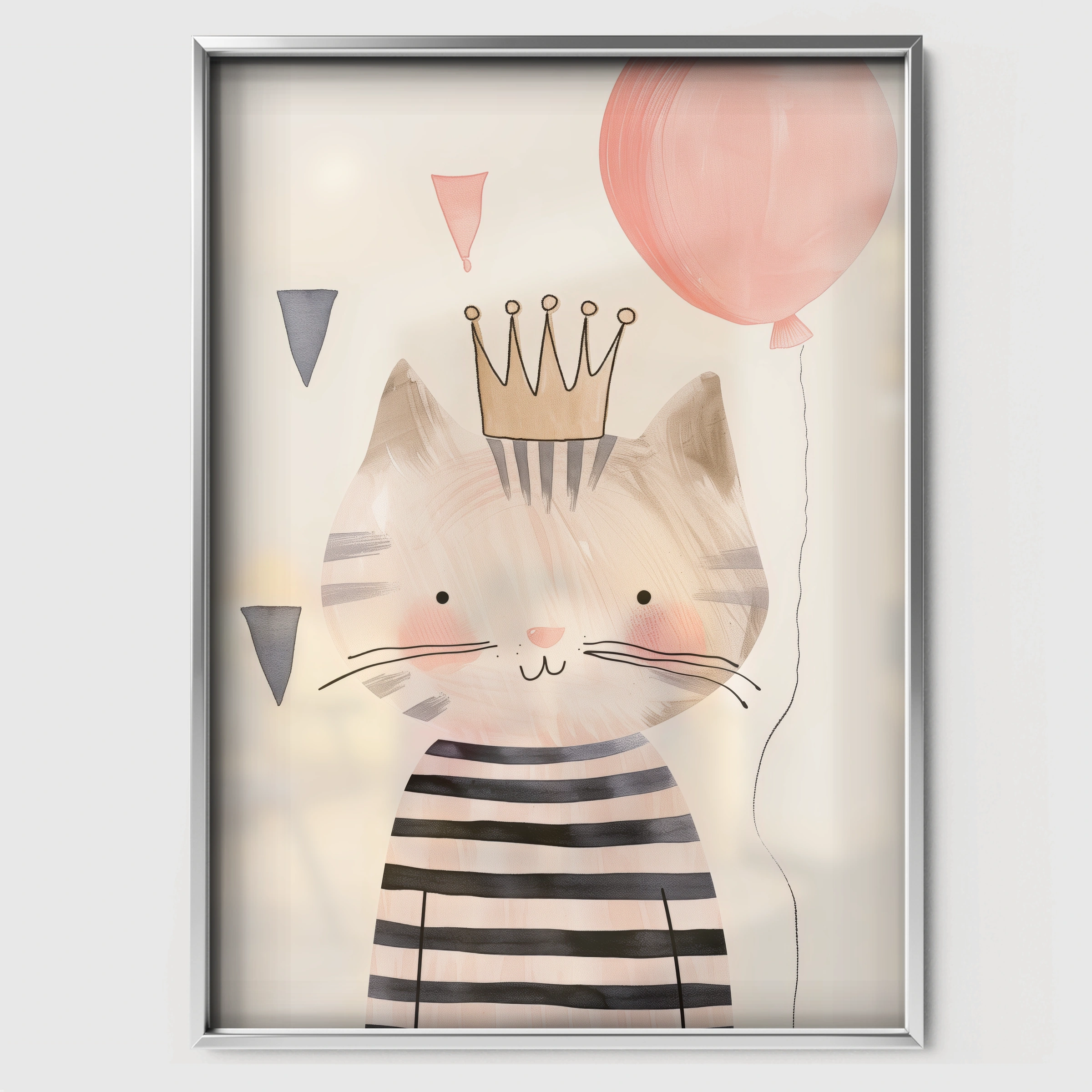 Crown Cat with a Balloon Nursery Print - white framed nursery wall art print