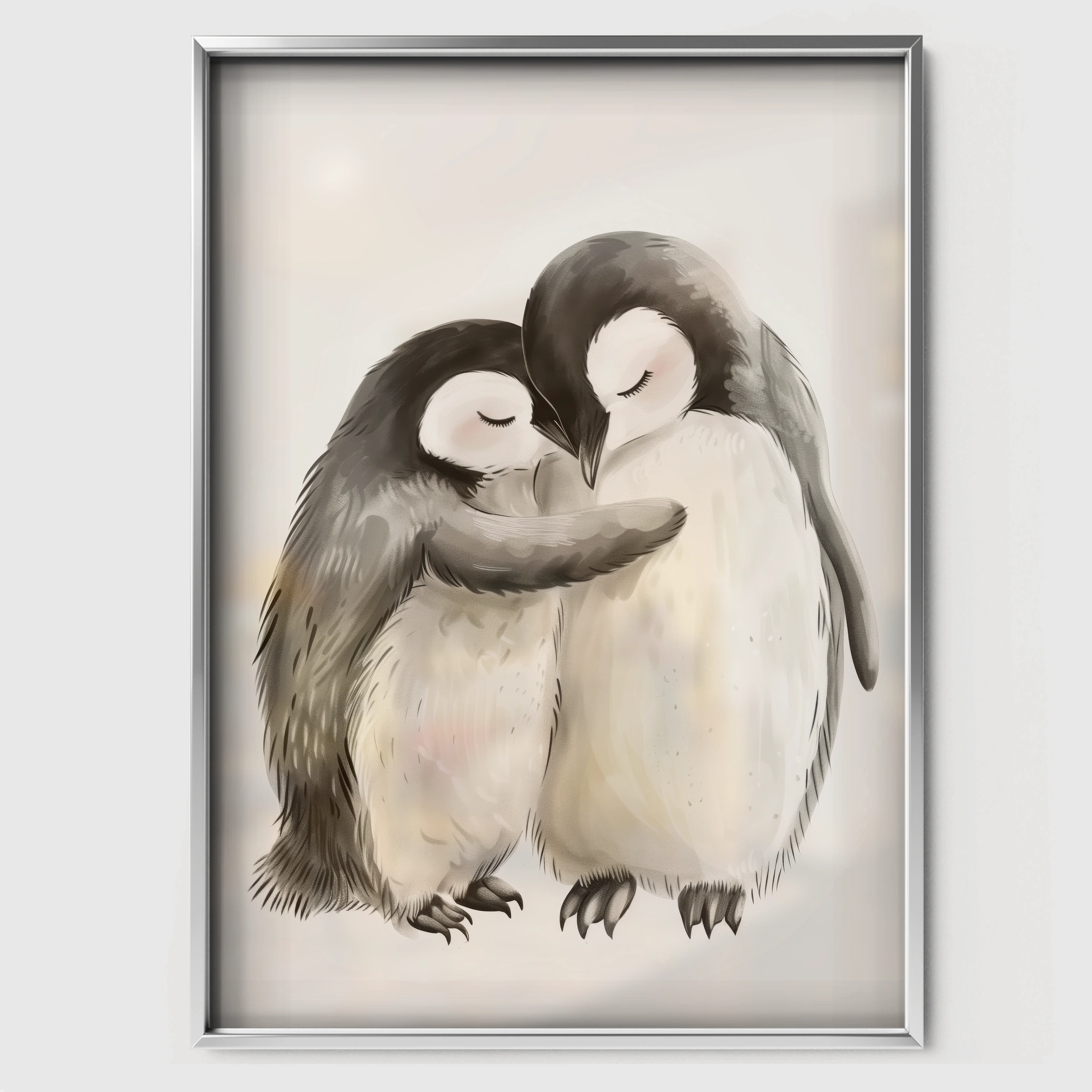 Cuddling Penguins Nursery Print - white framed nursery wall art print
