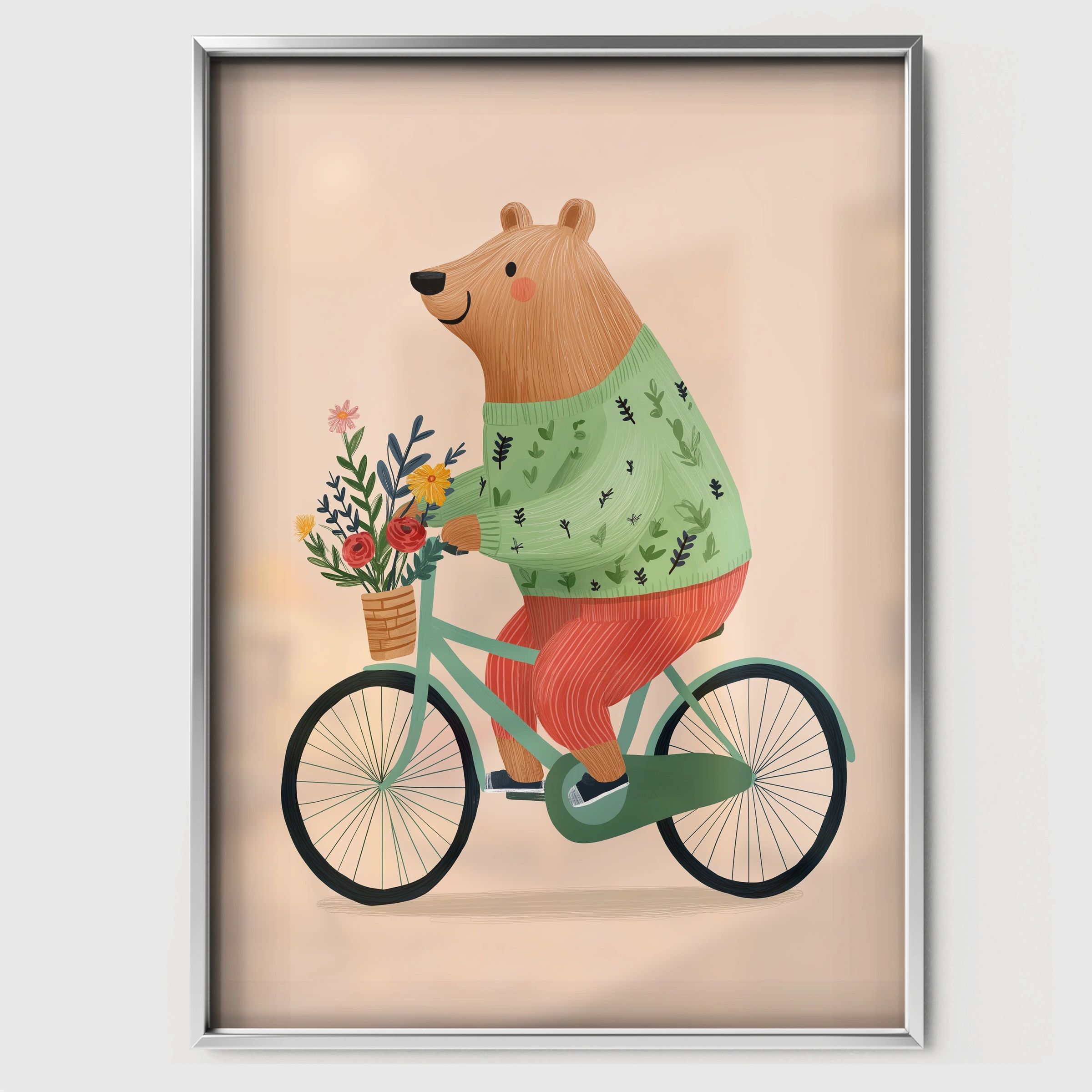 Cycling Bear Nursery Print - white framed nursery wall art print