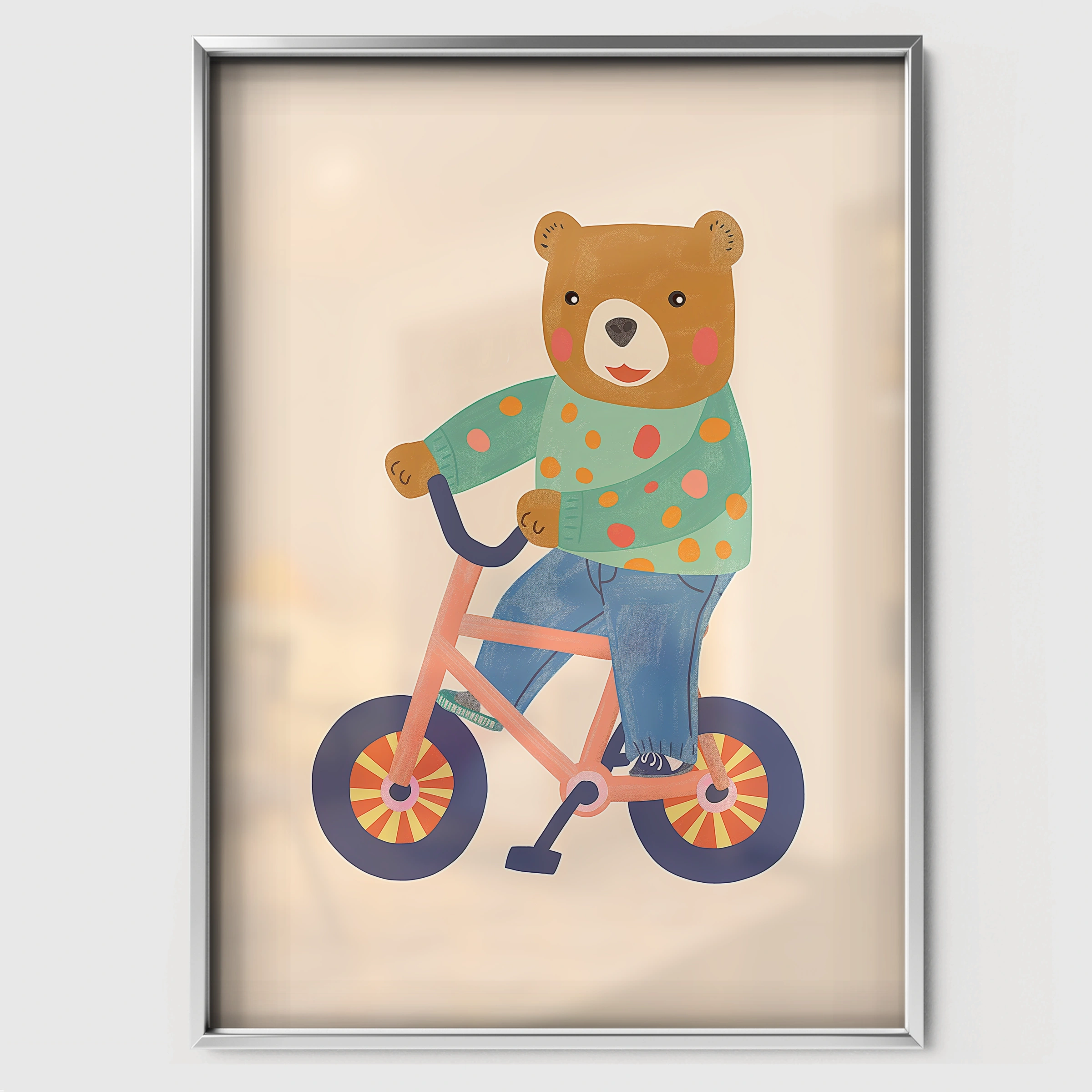 Cycling Bear Two Nursery Print - white framed nursery wall art print