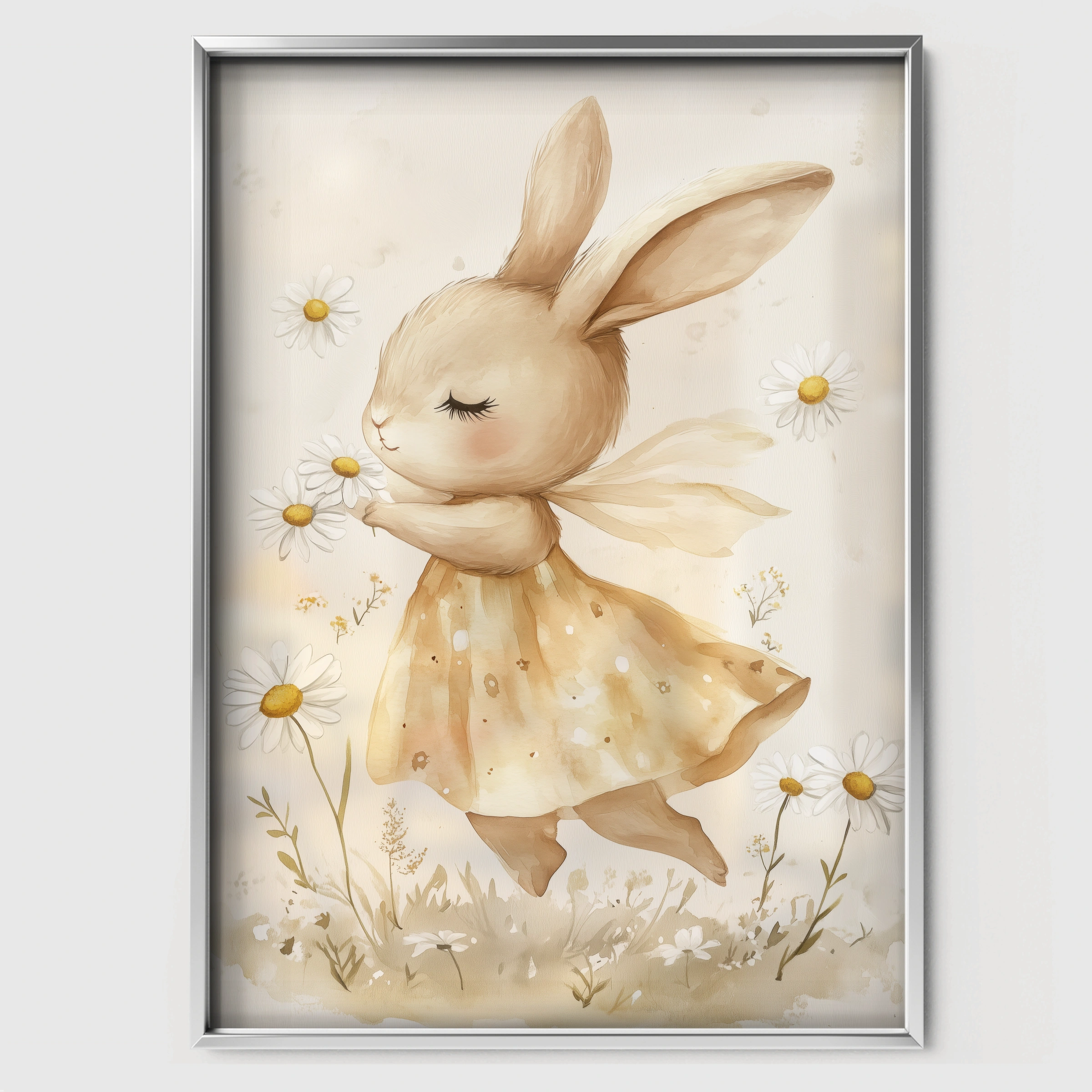 Daisy Bunny Nursery Print - white framed nursery wall art print