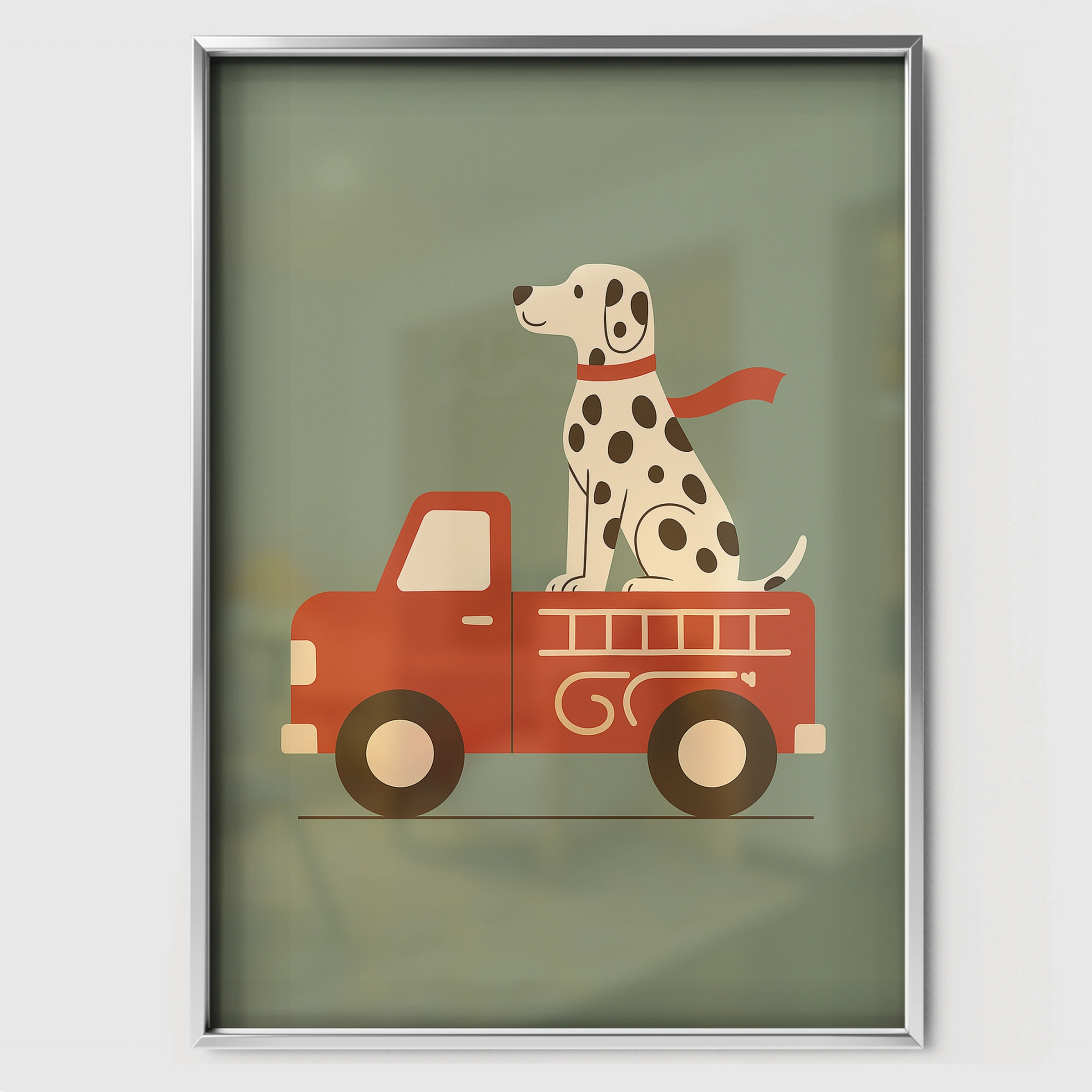 Dalmatian Fire Truck Nursery Print - white framed nursery wall art print