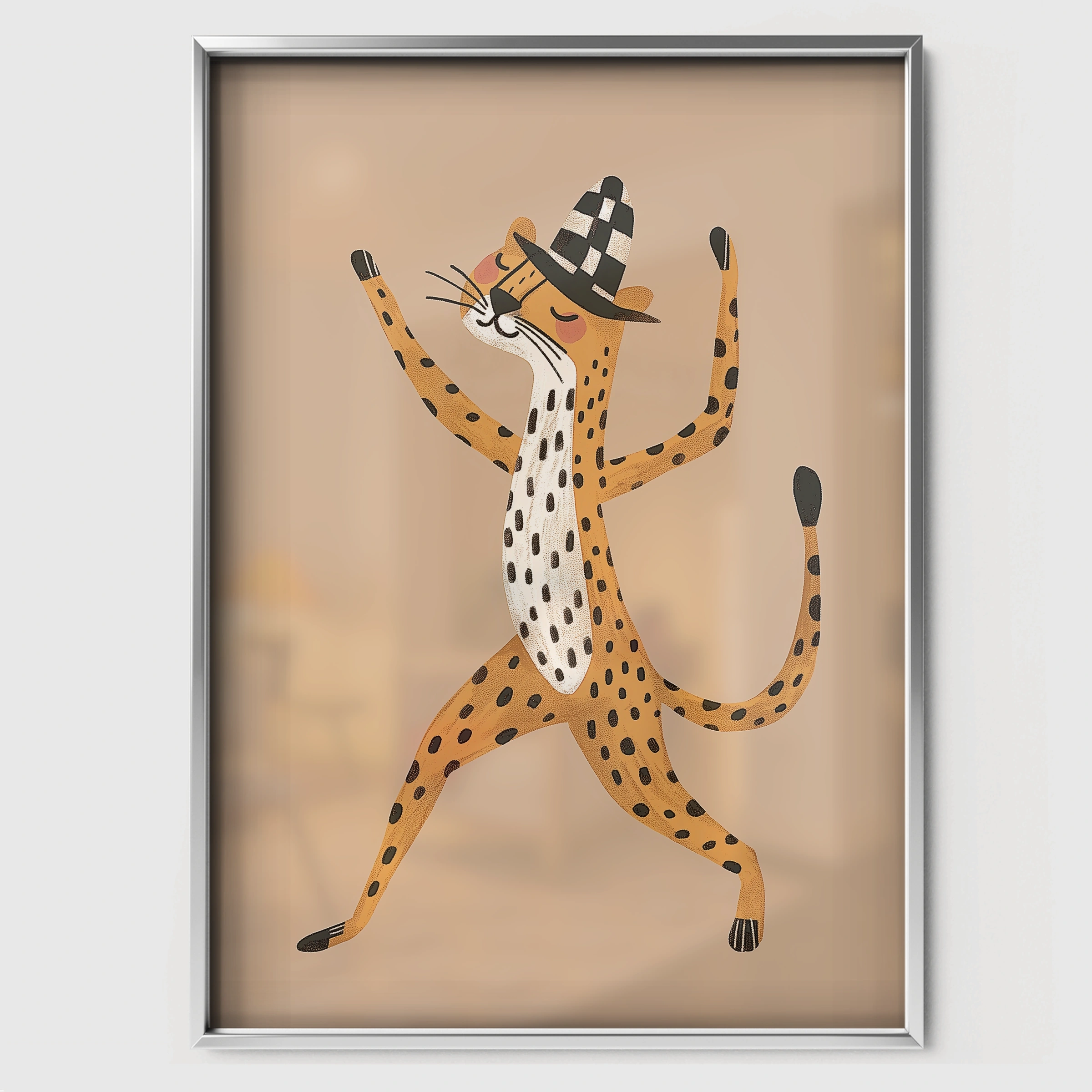 Dancing Cheetah Nursery Print - white framed nursery wall art print