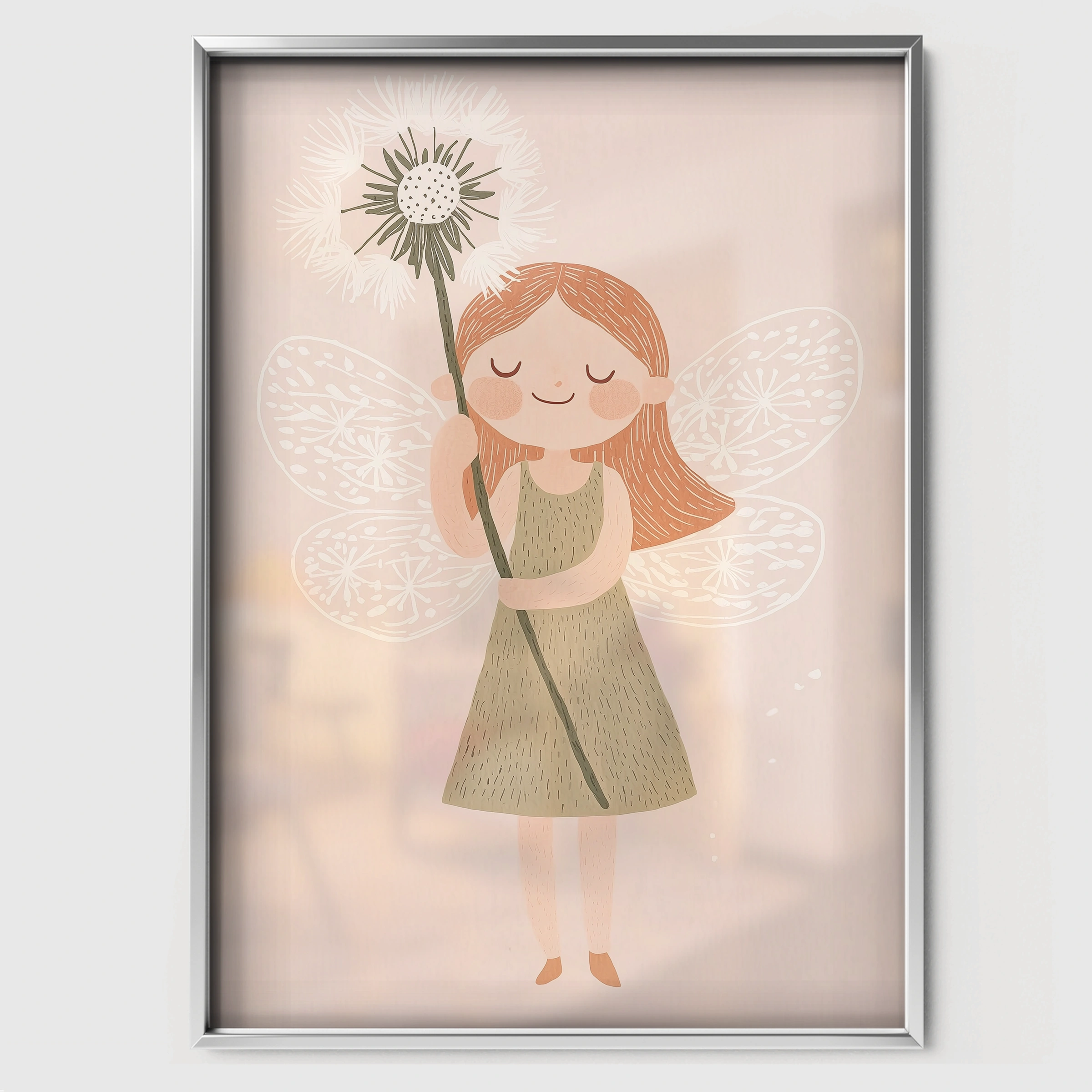 Dandelion Girl Nursery Print - white framed nursery wall art print
