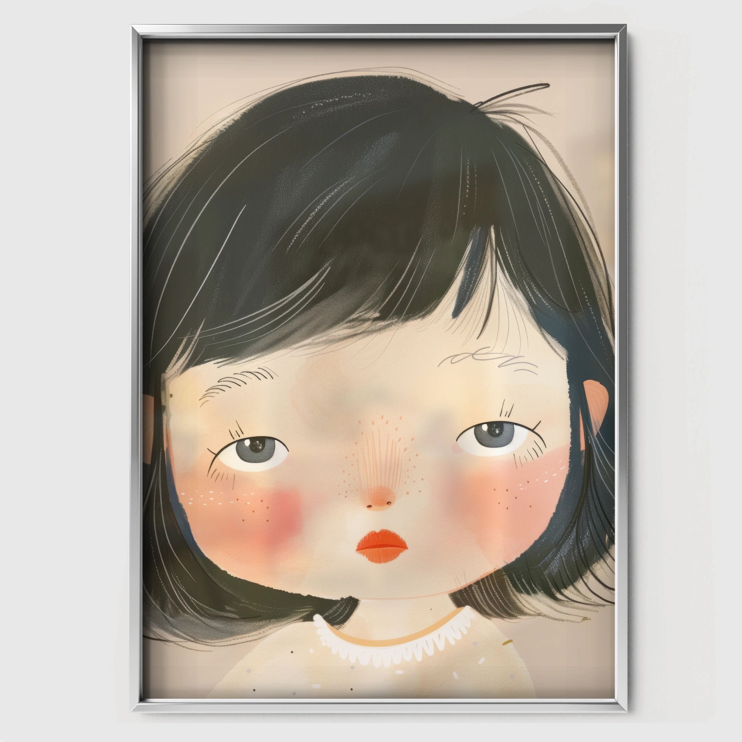 Dark Hair Girl Portrait Nursery Print - white framed nursery wall art print