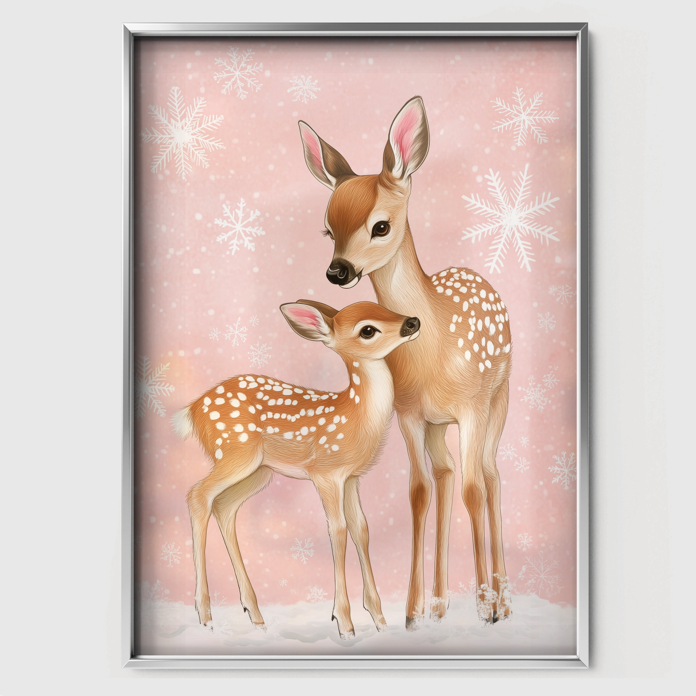 Deer and Fawn Christmas Print - white framed nursery wall art print