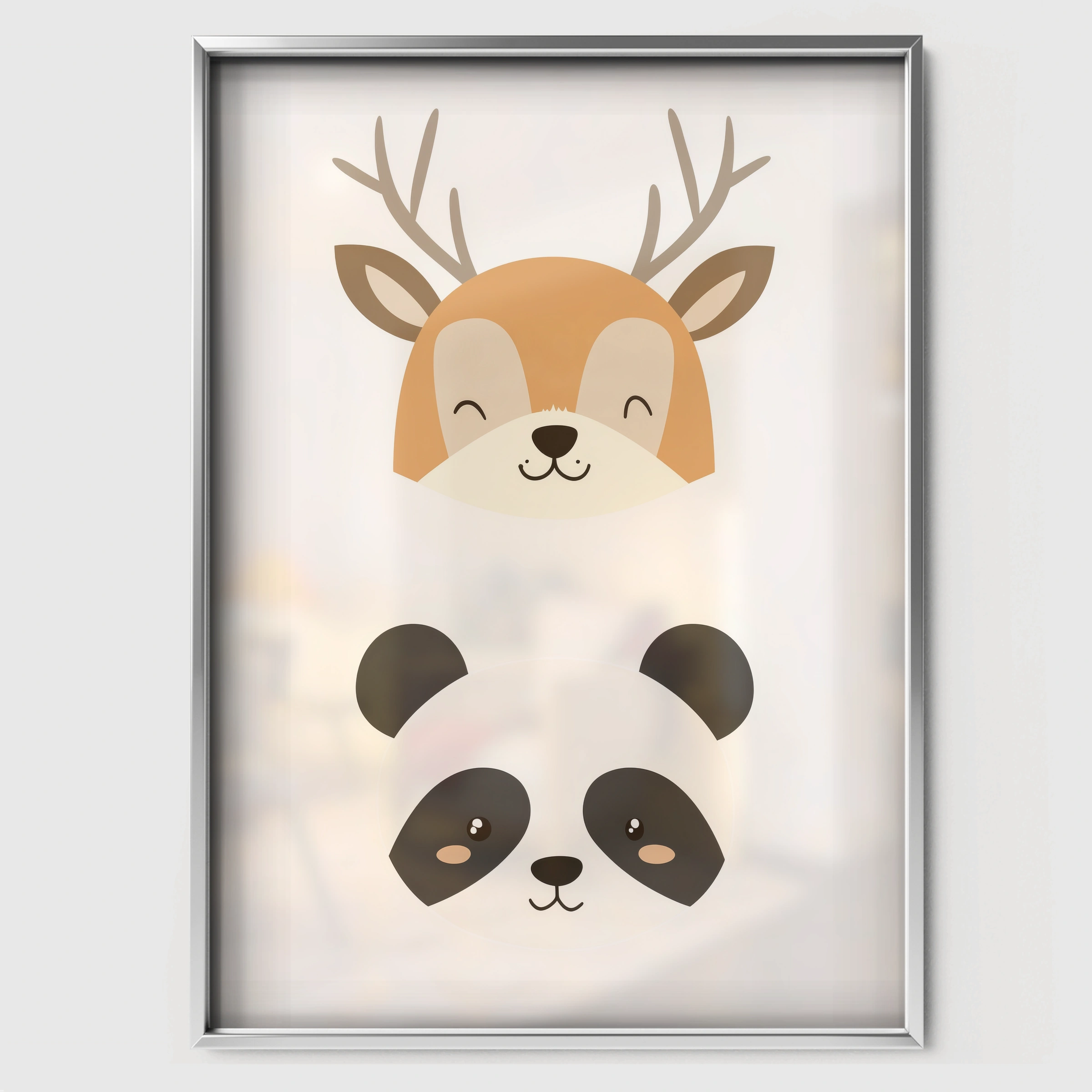 Deer and Panda Nursery Print - white framed nursery wall art print