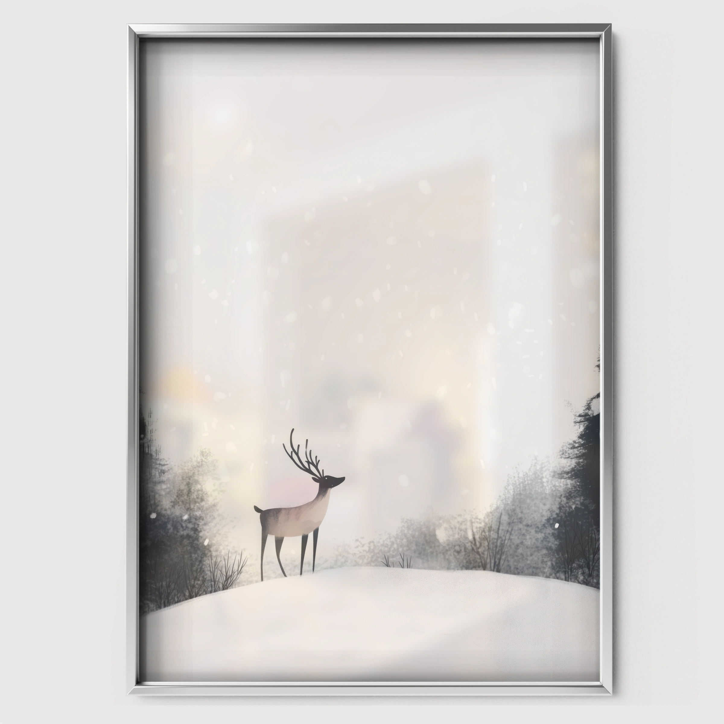 Deer in the Snow Christmas Print - white framed nursery wall art print